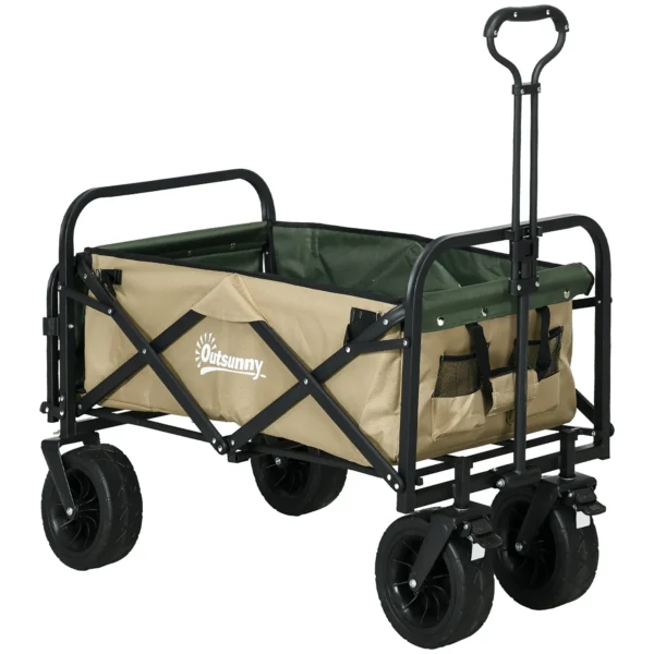 110L Garden Cart with Telescopic Handle and Opening Bottom in Steel and Oxford Fabric, Khaki