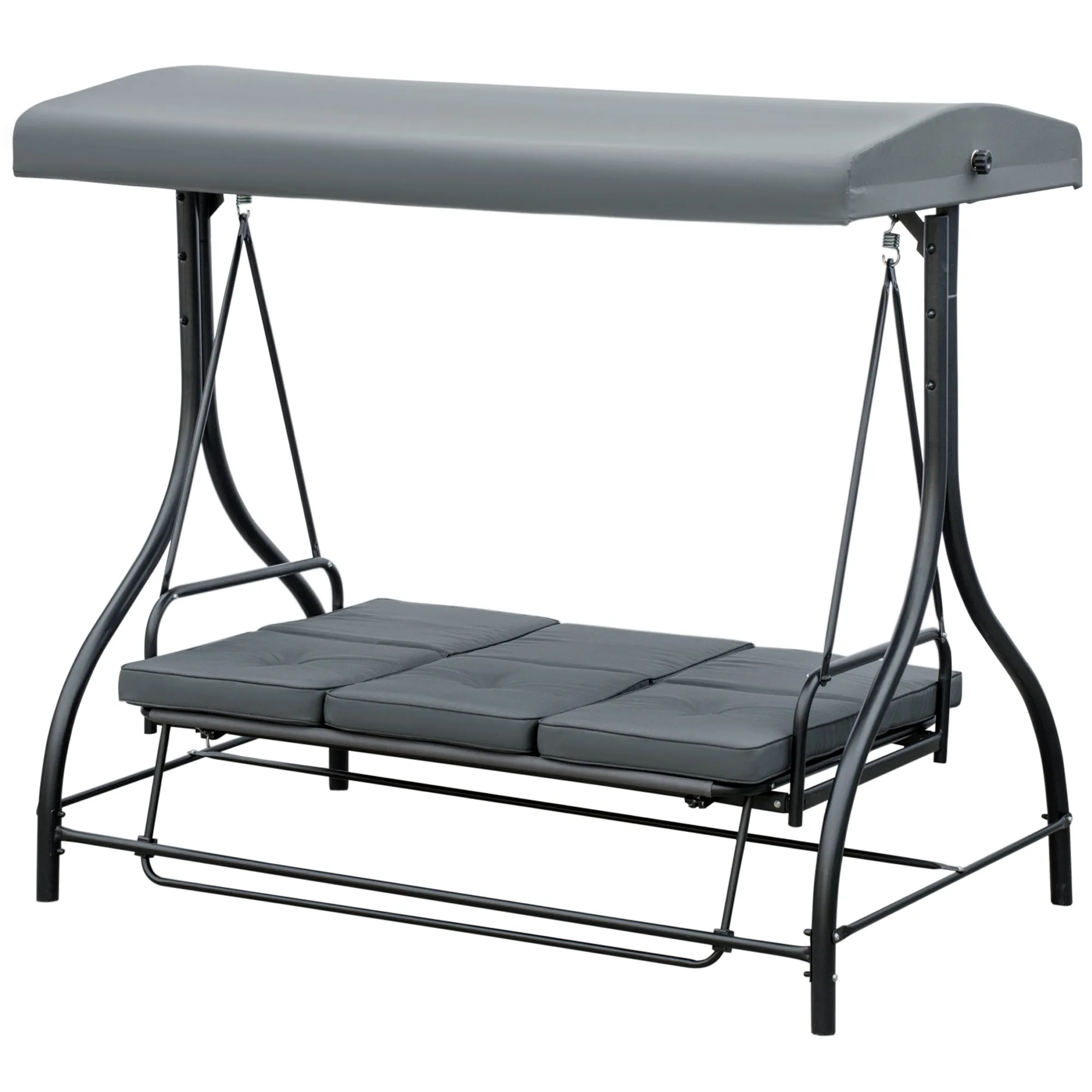 3 Seater Garden Swing Convertible to Lounger with Adjustable Canopy, Dark Grey