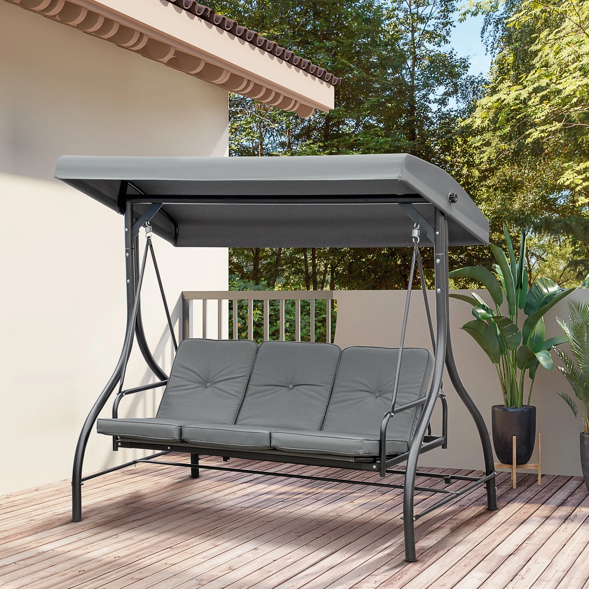 3 Seater Garden Swing Convertible to Lounger with Adjustable Canopy, Dark Grey - Image 2