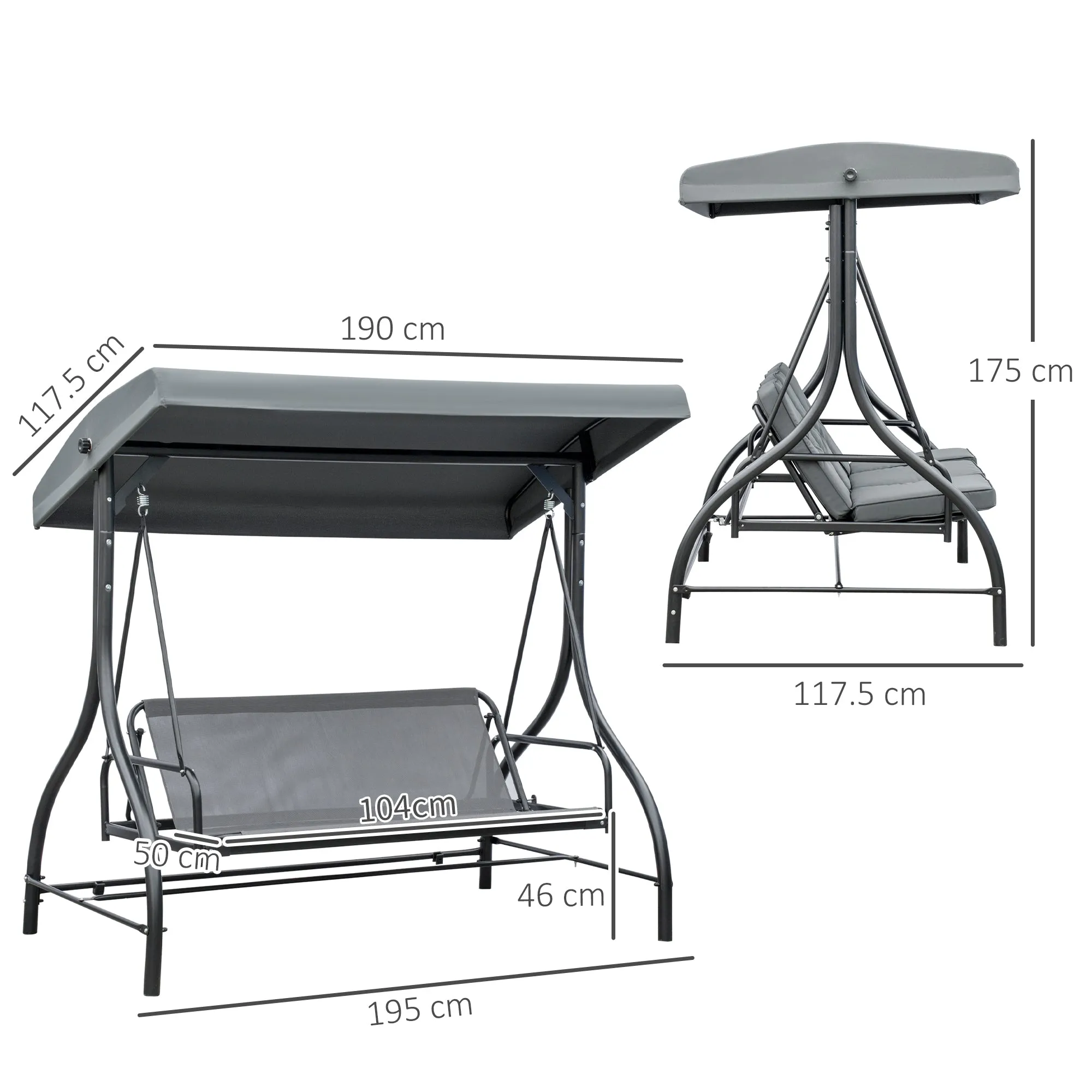3 Seater Garden Swing Convertible to Lounger with Adjustable Canopy, Dark Grey - Image 3
