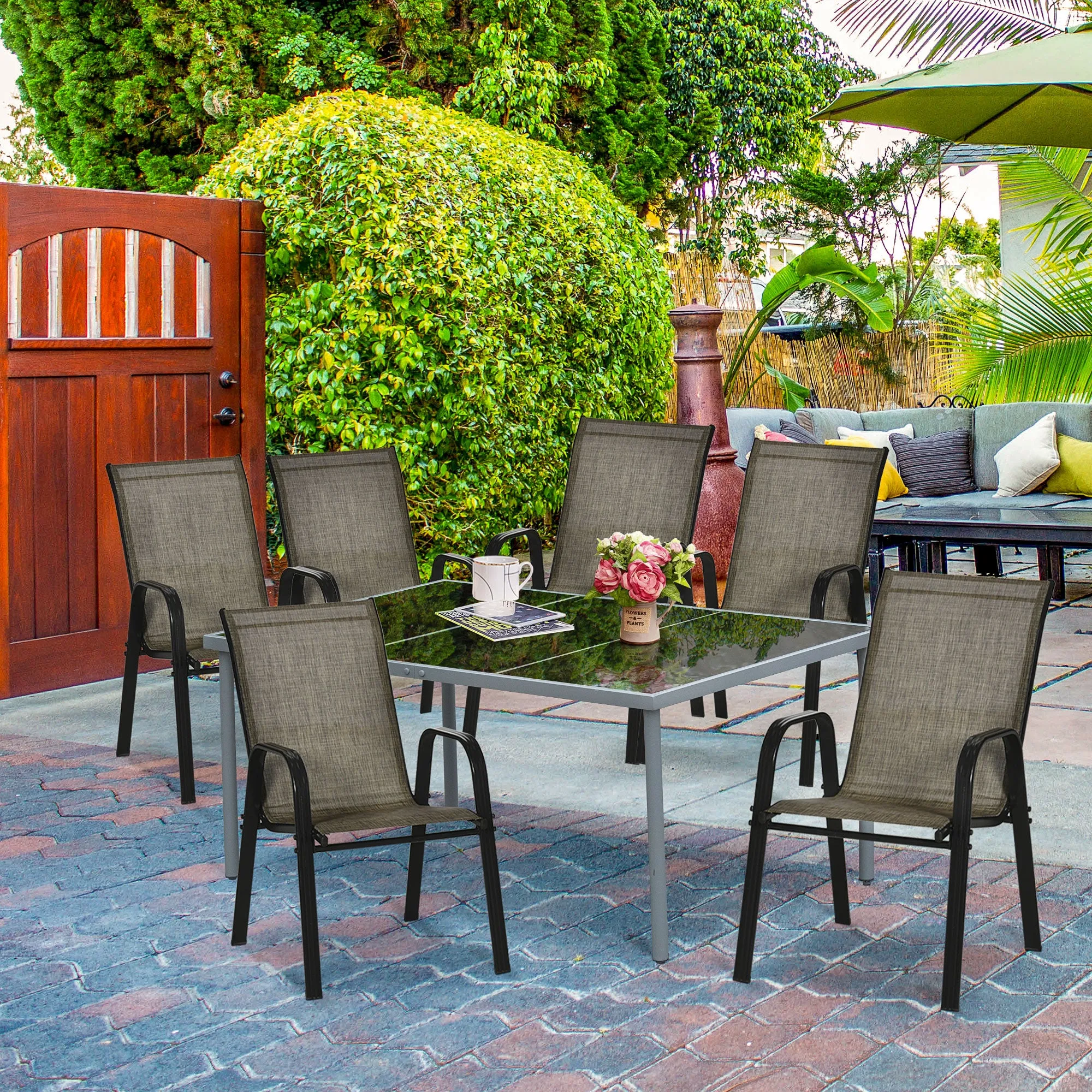 Garden Chairs Set of 6, Stackable Outdoor Chairs in Metal and Breathable Fabric, Brown - Image 2