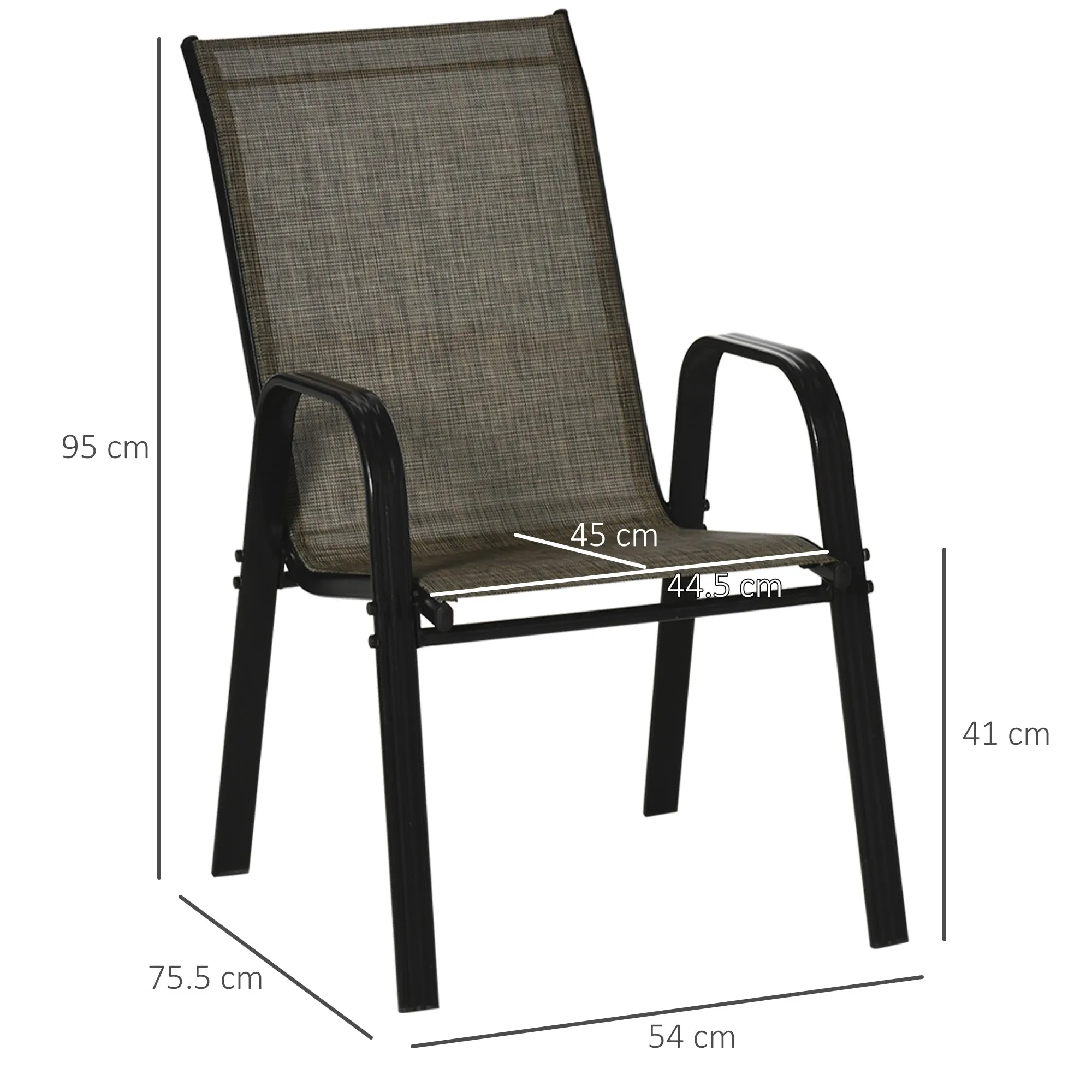 Garden Chairs Set of 6, Stackable Outdoor Chairs in Metal and Breathable Fabric, Brown - Image 3
