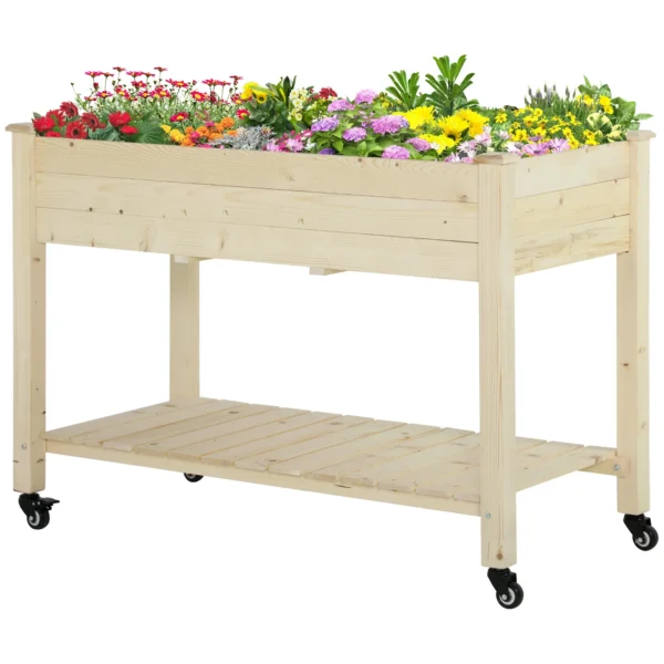 Wooden Raised Garden Bed with Wheels and Lower Shelf, 118x55x83cm, Natural Wood