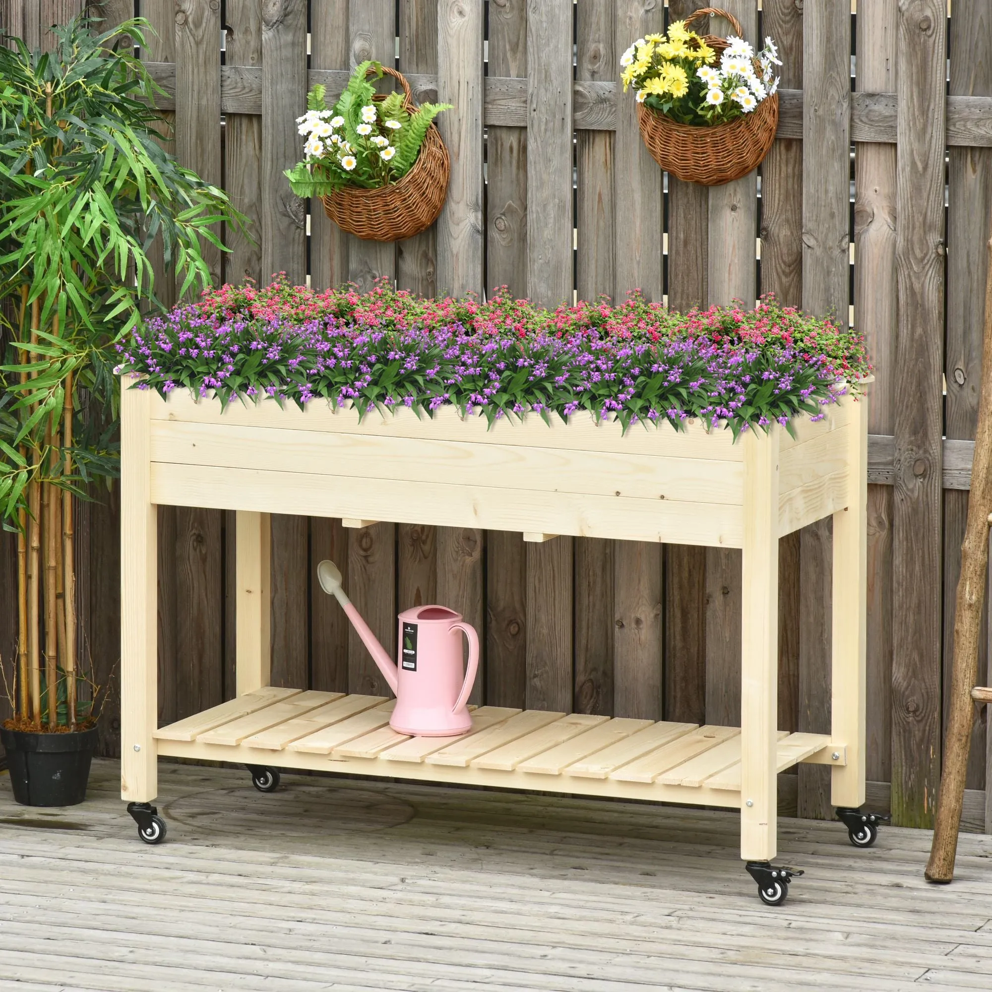 Wooden Raised Garden Bed with Wheels and Lower Shelf, 118x55x83cm, Natural Wood - Image 2