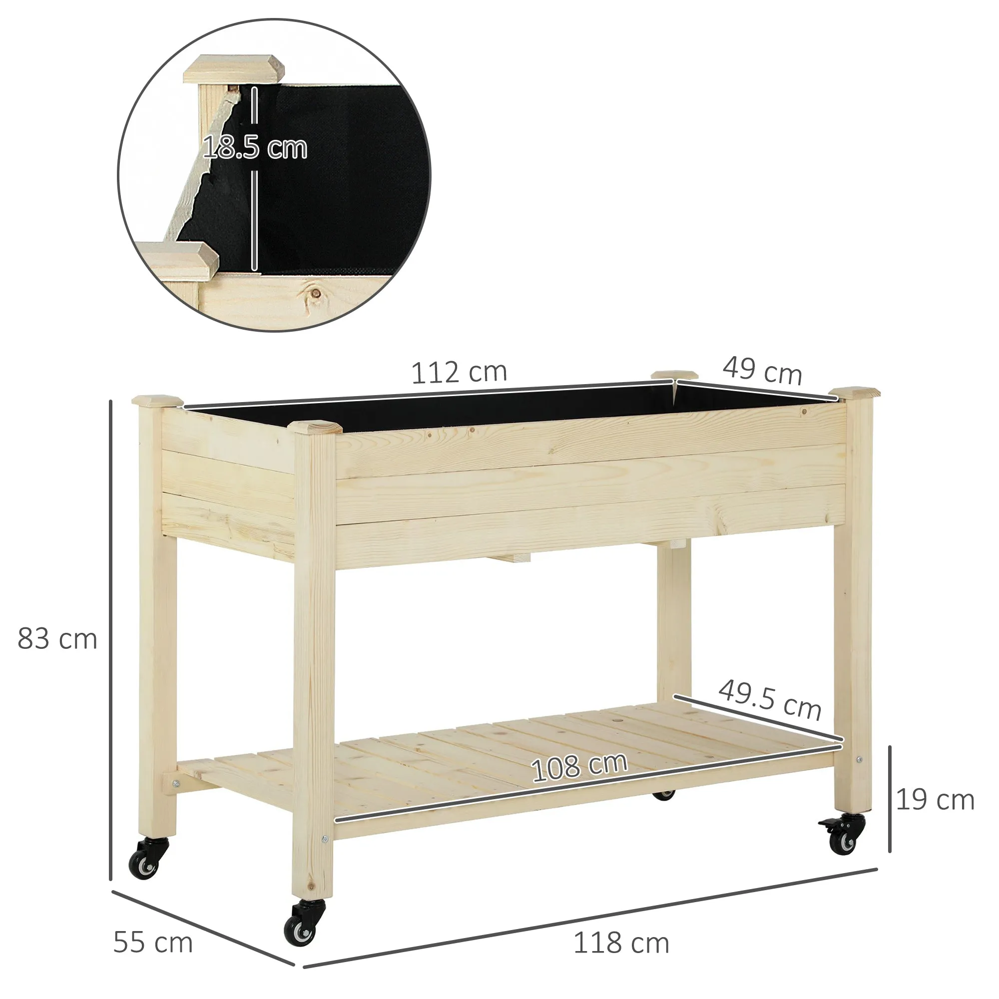 Wooden Raised Garden Bed with Wheels and Lower Shelf, 118x55x83cm, Natural Wood - Image 3