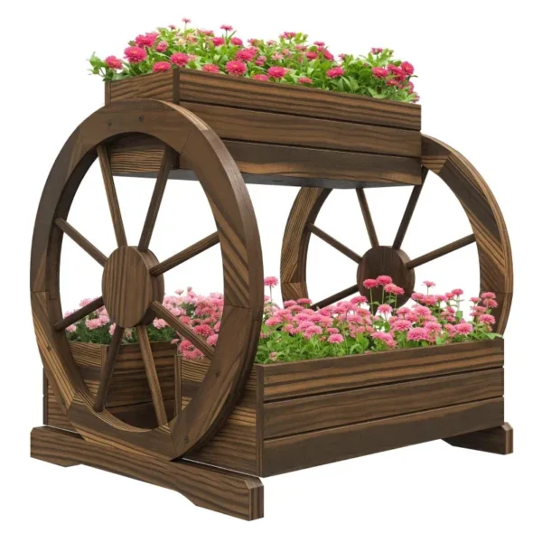 2-Tier Outdoor Wooden Planter with 3 Pots and Country Style Wagon Wheels, 64x54x60cm
