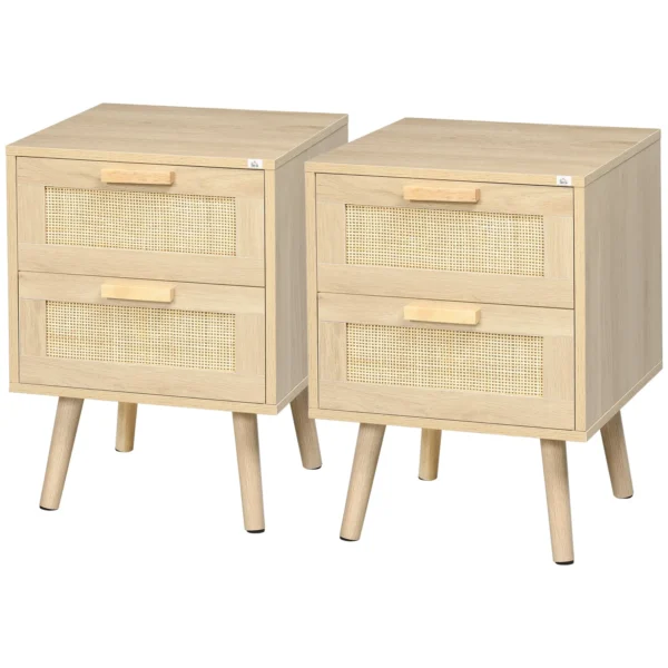 Set of 2 Boho Style Bedroom Nightstands with 2 Drawers, 40x40x56cm, Natural Wood