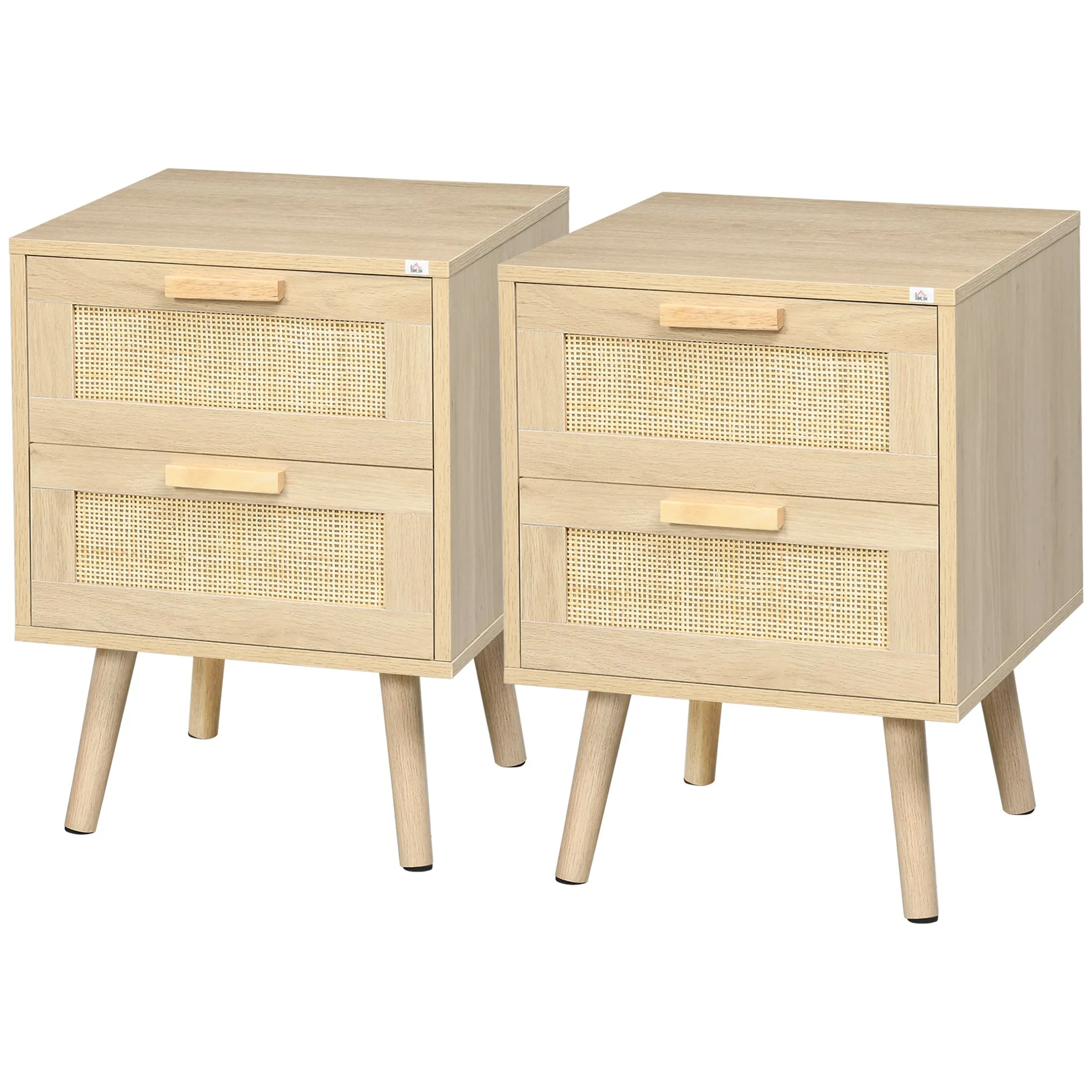 Set of 2 Boho Style Bedroom Nightstands with 2 Drawers, 40x40x56cm, Natural Wood