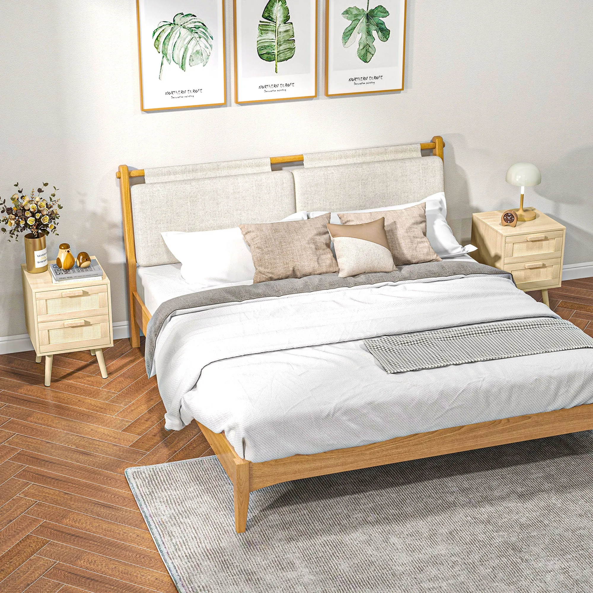 Set of 2 Boho Style Bedroom Nightstands with 2 Drawers, 40x40x56cm, Natural Wood - Image 2
