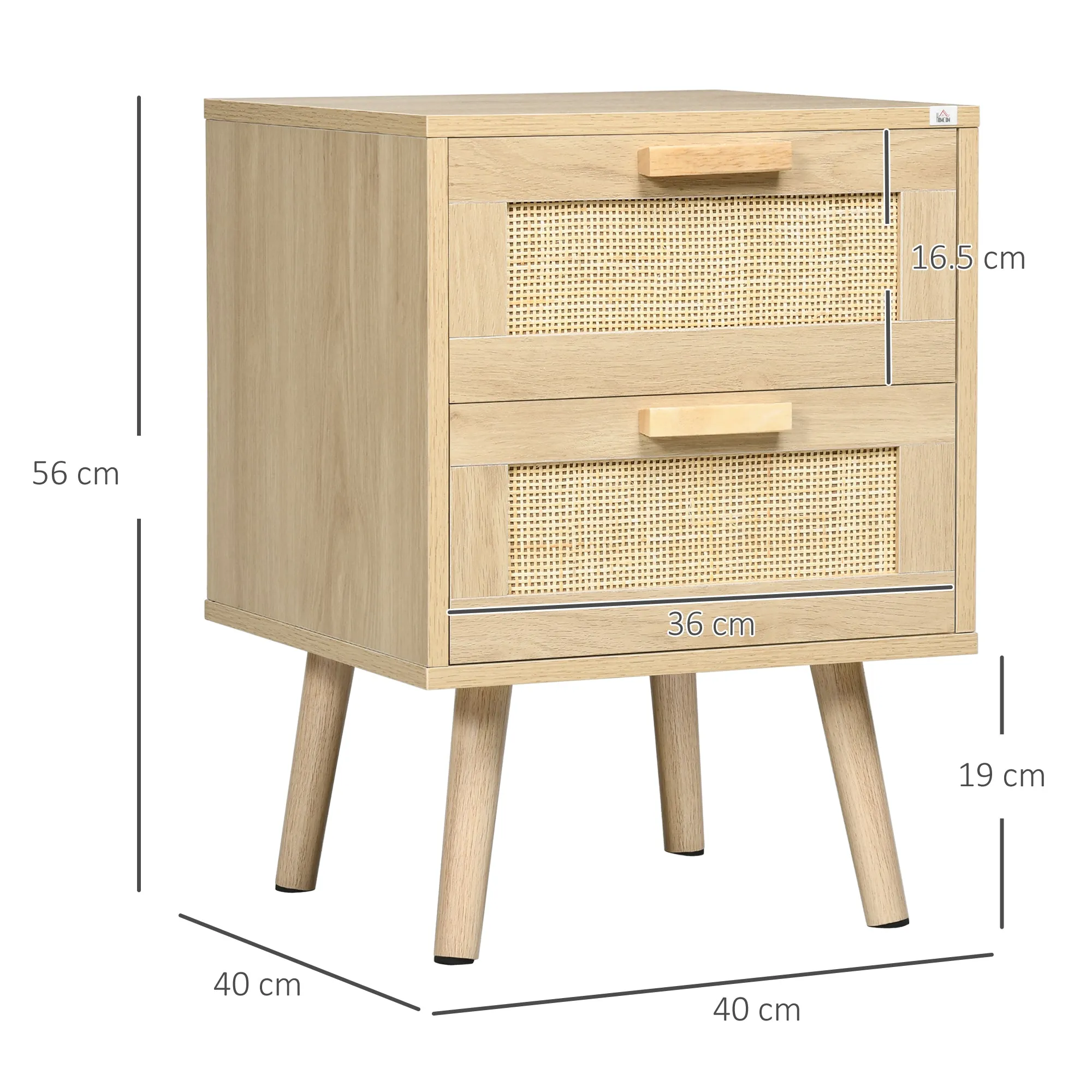 Set of 2 Boho Style Bedroom Nightstands with 2 Drawers, 40x40x56cm, Natural Wood - Image 3