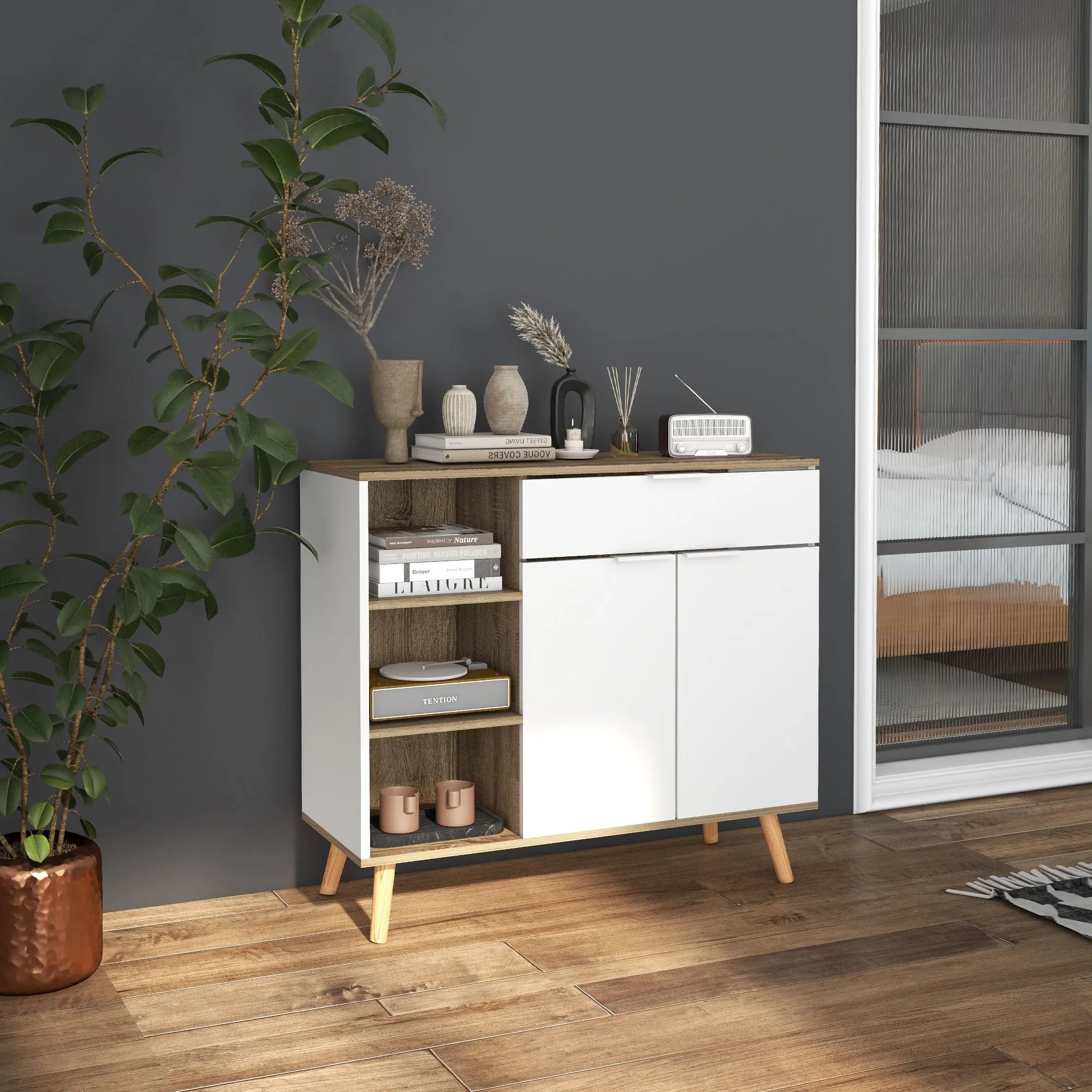 Multipurpose Space-Saving Cabinet with 3 Open Shelves, Cabinet and Drawer, in Chipboard, 95x35x85 cm - Image 2