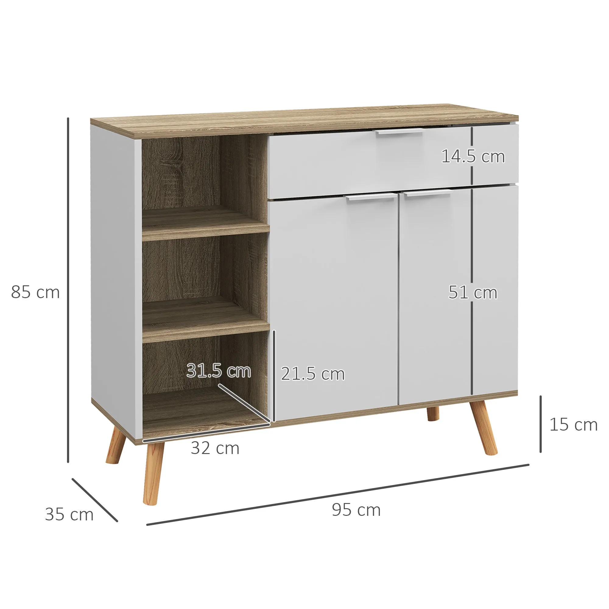 Multipurpose Space-Saving Cabinet with 3 Open Shelves, Cabinet and Drawer, in Chipboard, 95x35x85 cm - Image 3