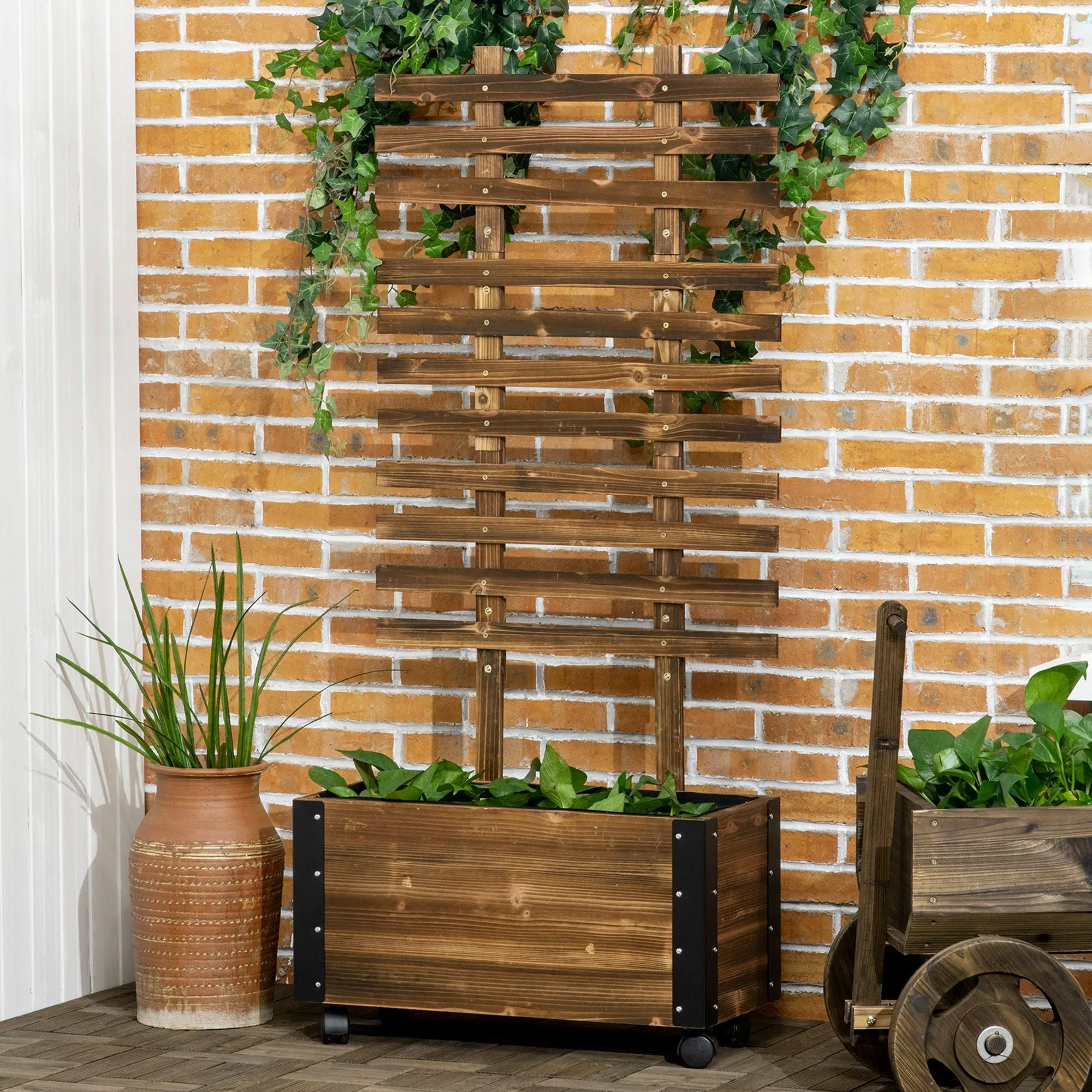 Planter with Trellis for Climbing Plants and Wheels, in Fir Wood, 65x31x147 cm, Brown - Image 2