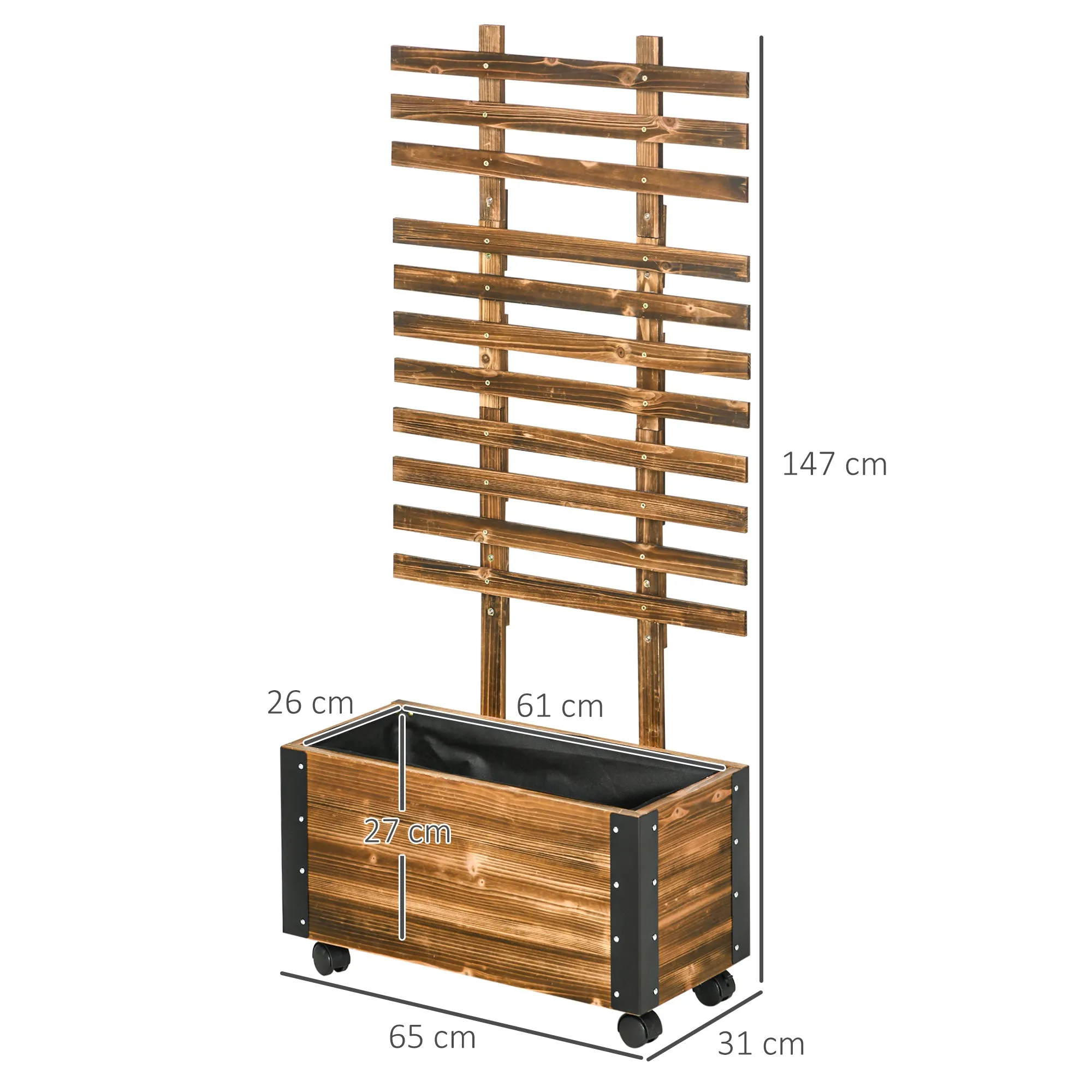 Planter with Trellis for Climbing Plants and Wheels, in Fir Wood, 65x31x147 cm, Brown - Image 3