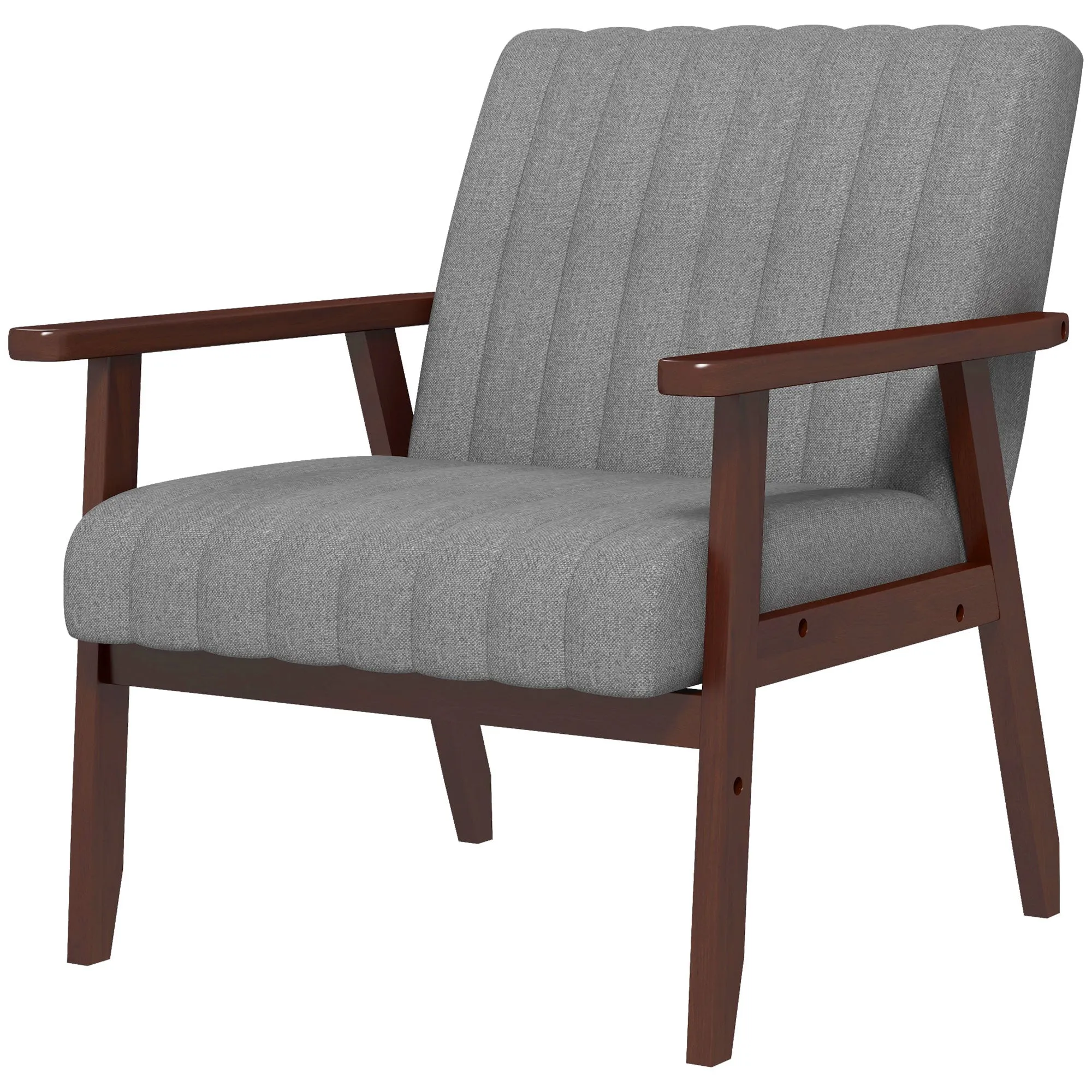 Modern Upholstered Fabric and Wood Bedroom Armchair with Tubular Stitching, Grey