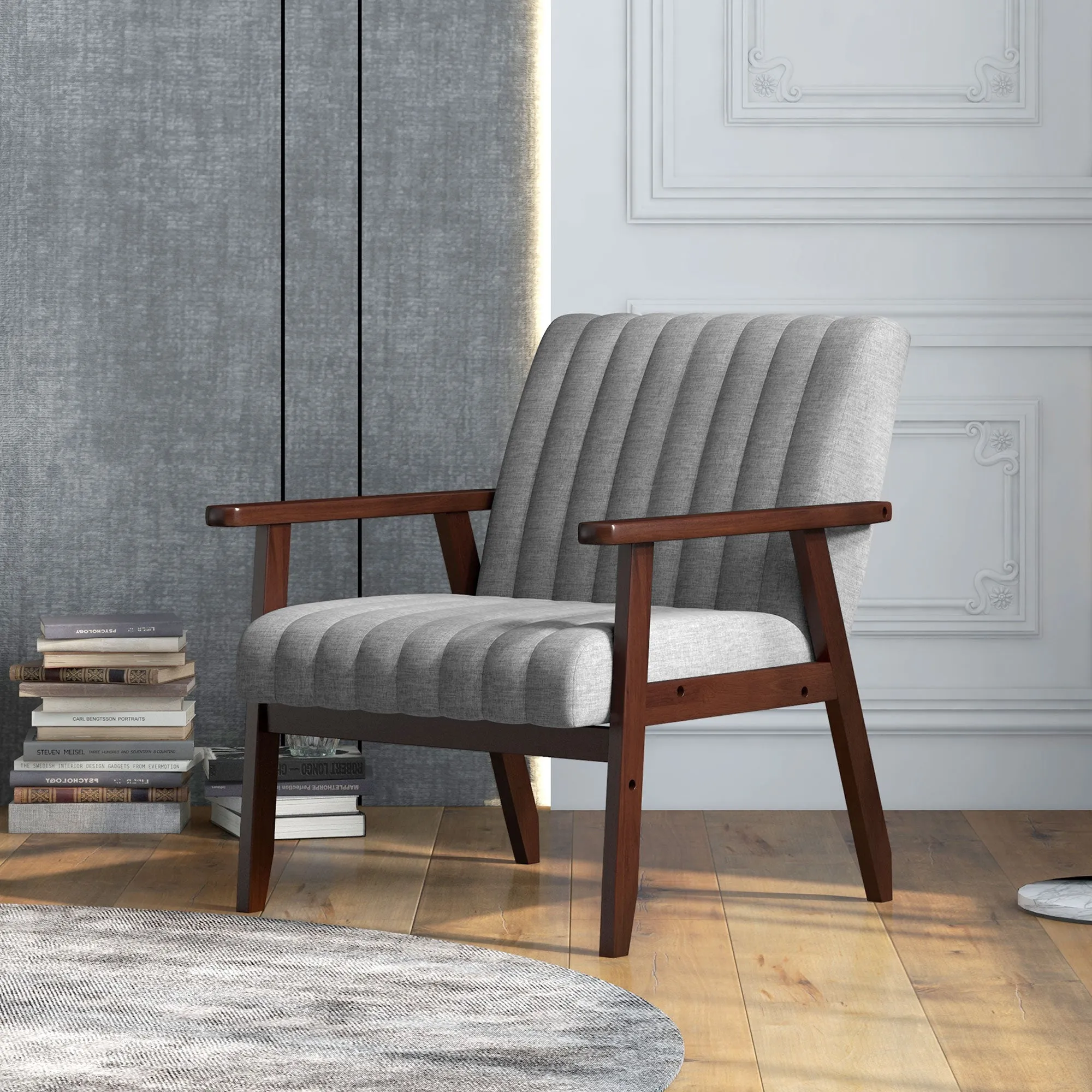 Modern Upholstered Fabric and Wood Bedroom Armchair with Tubular Stitching, Grey - Image 2
