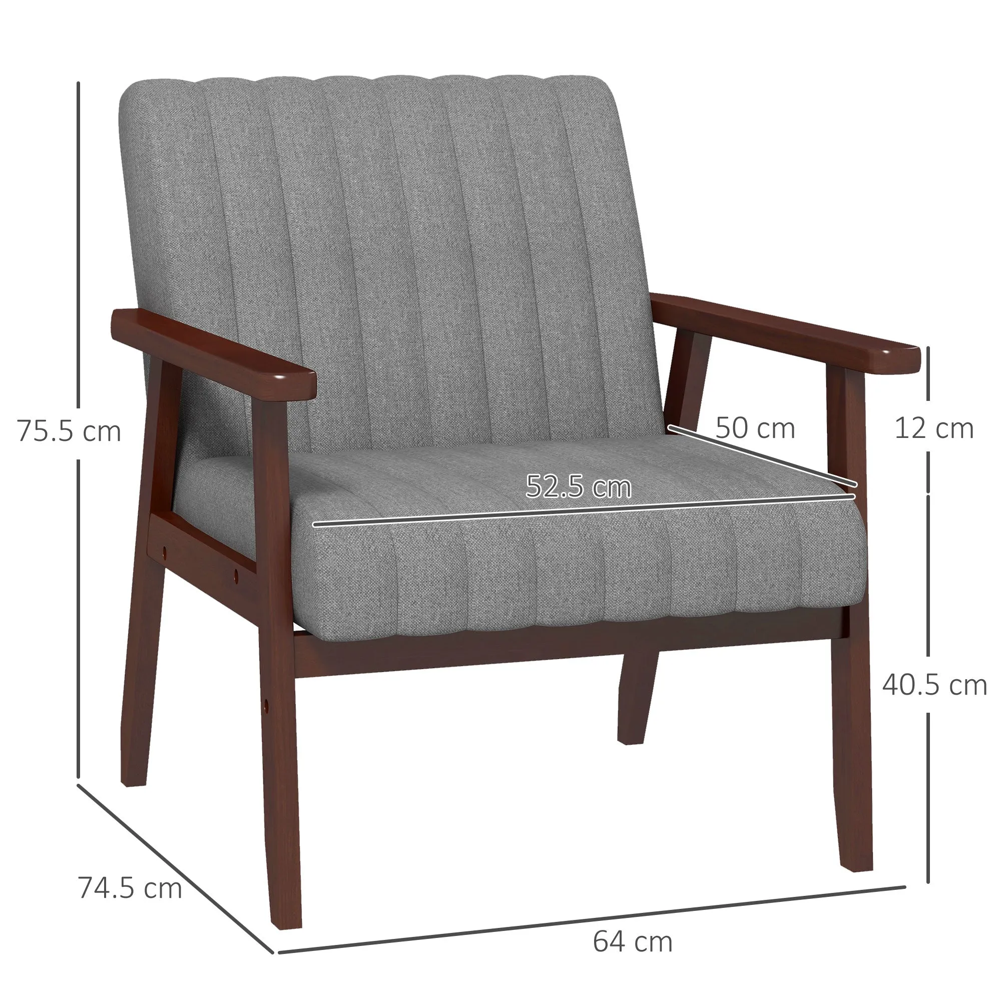 Modern Upholstered Fabric and Wood Bedroom Armchair with Tubular Stitching, Grey - Image 3