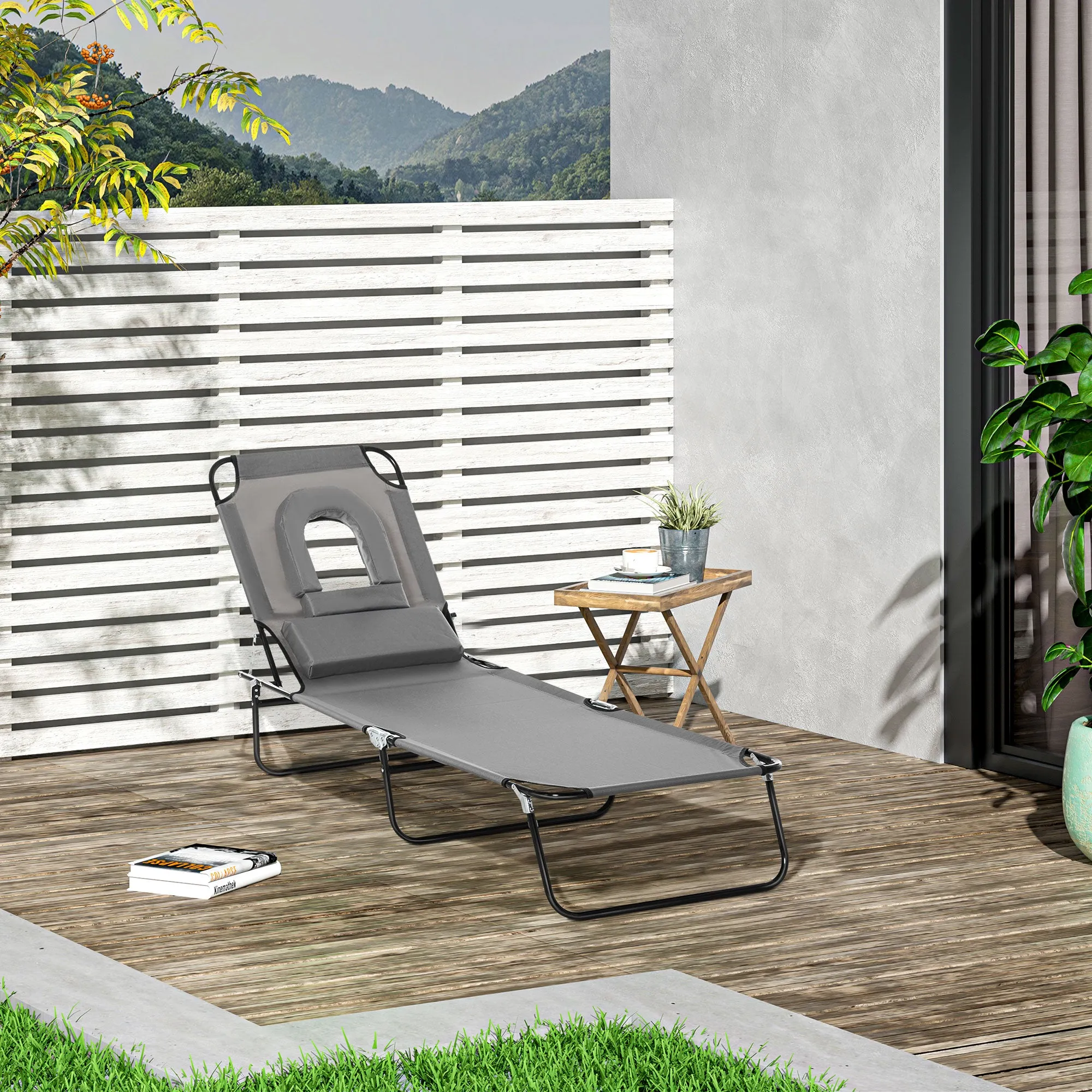Folding Sun Lounger with Padded Face Hole and Reclining Backrest, Grey - Image 2