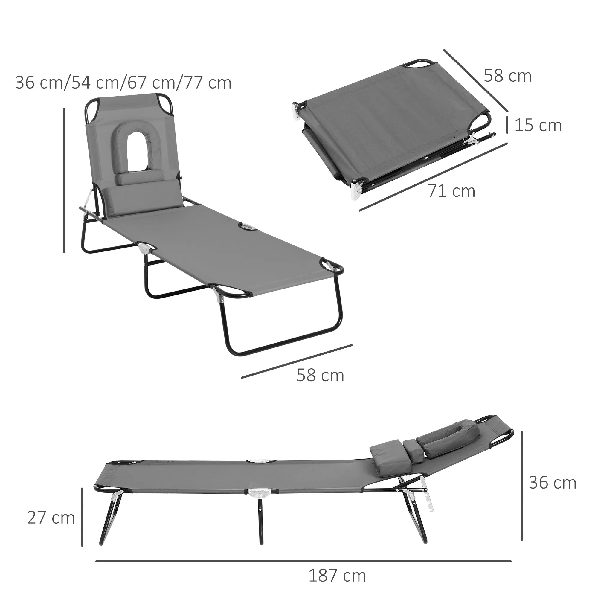 Folding Sun Lounger with Padded Face Hole and Reclining Backrest, Grey - Image 3