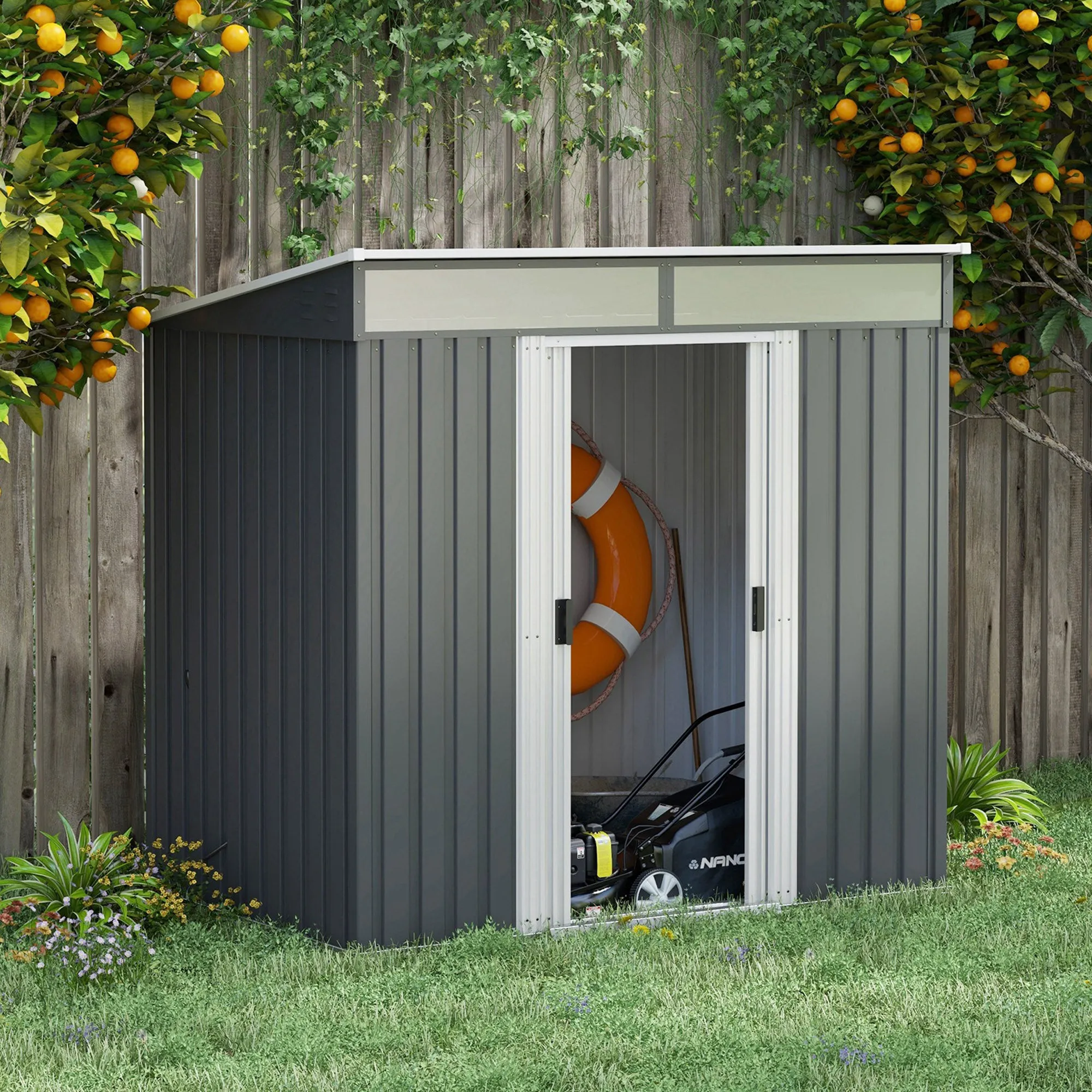 Garden Shed Tool Storage with 4 Windows and 2 Hooks, Galvanized Steel, 195x122x181.5 cm, Grey - Image 3