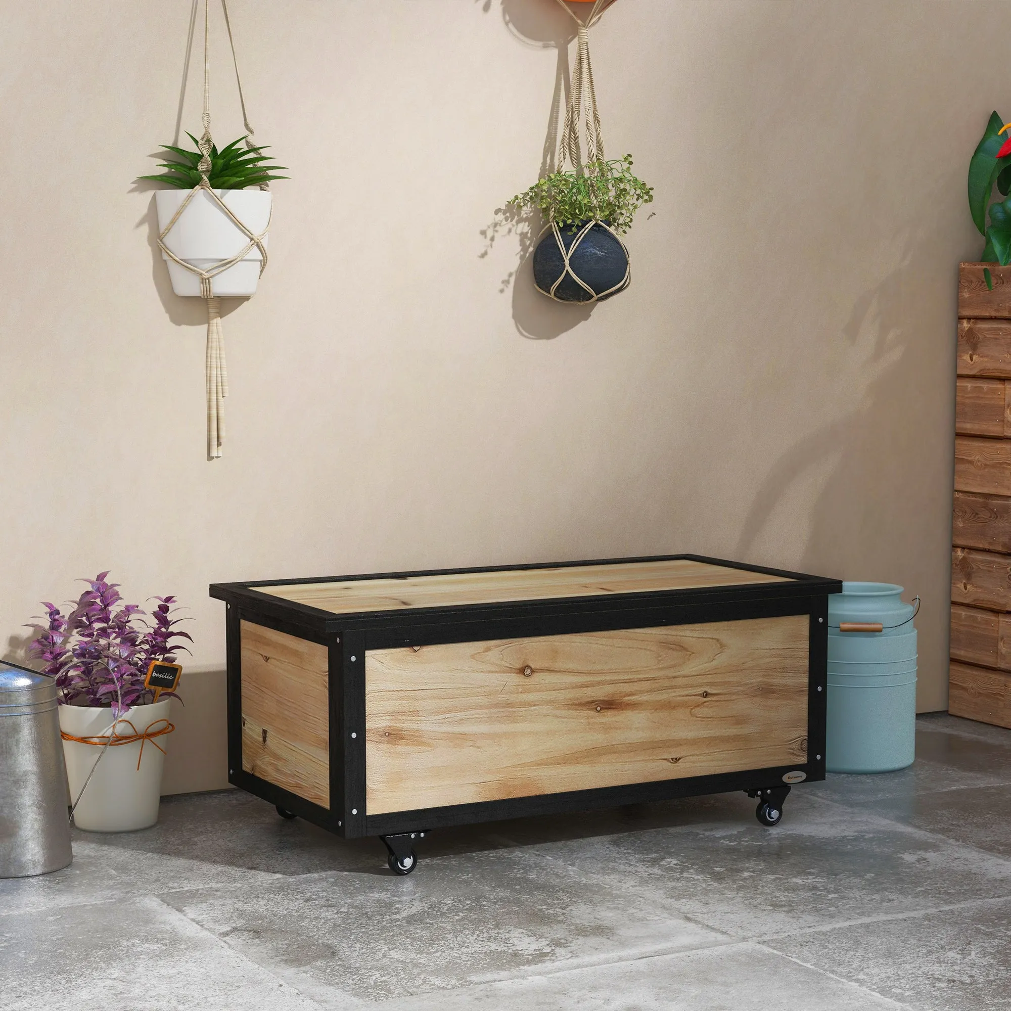 121L Storage Bench with 4 Wheels and Handles in Wood and Steel, 100x50x43cm, Wood Color - Image 2