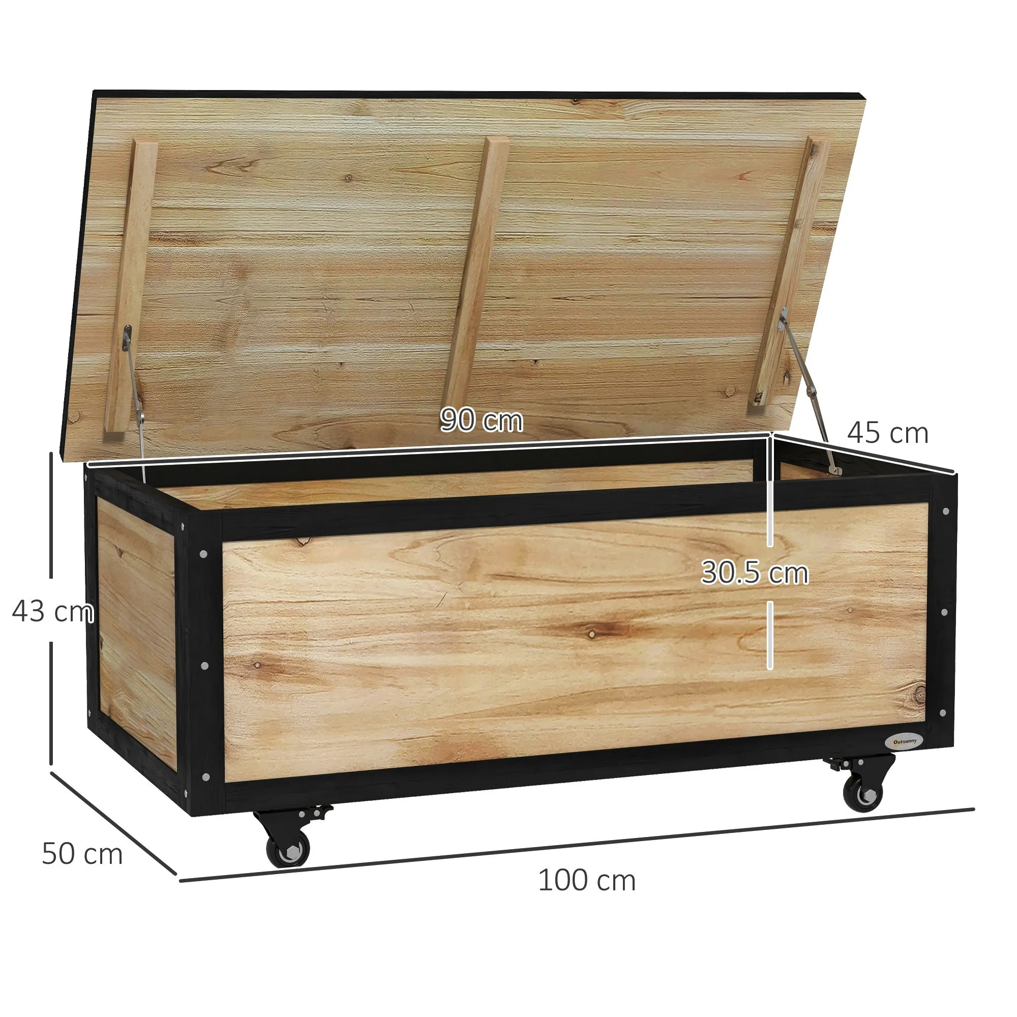 121L Storage Bench with 4 Wheels and Handles in Wood and Steel, 100x50x43cm, Wood Color - Image 3