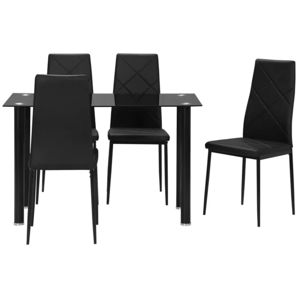 Dining Table Set with 4 Chairs, Glass Top and Faux Leather Upholstered Chairs, Black
