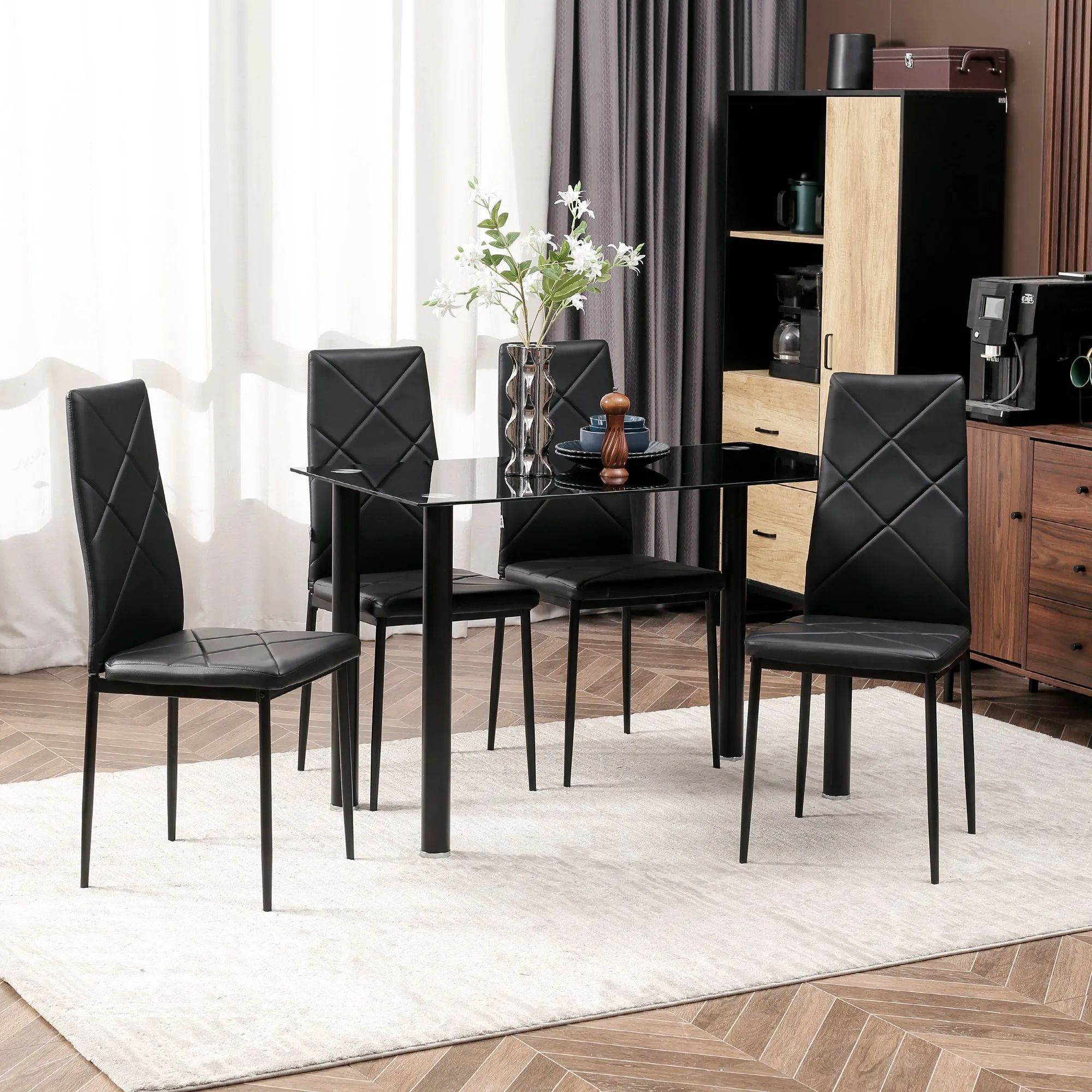 Dining Table Set with 4 Chairs, Glass Top and Faux Leather Upholstered Chairs, Black - Image 2