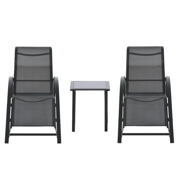 Set of 2 Sun Loungers and Coffee Table with Shelf, in Breathable Fabric and Metal, 59x169x66 cm, Black