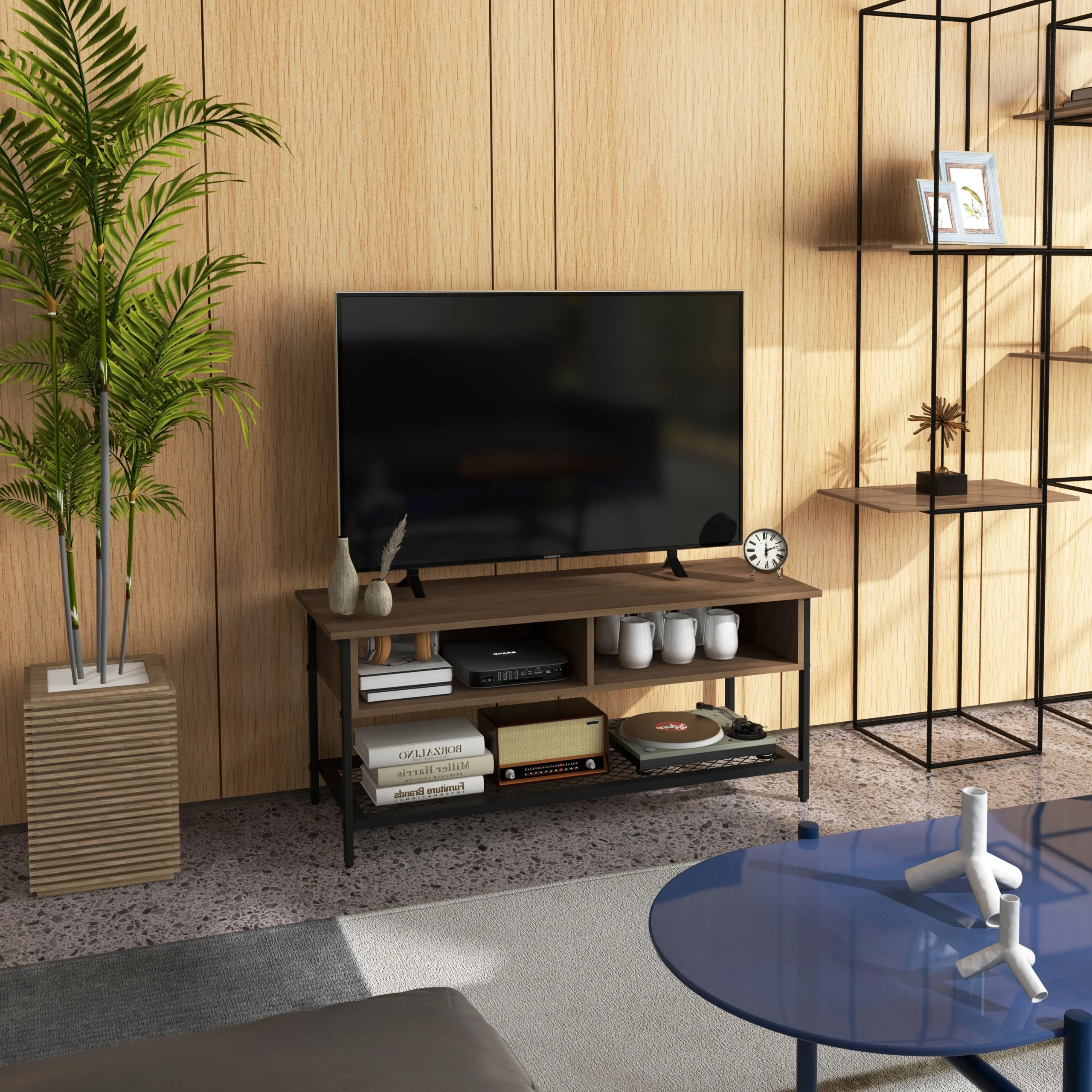 Industrial Style TV Stand Up to 48" in Wood and Steel, 110x40x48cm, Brown and Black - Image 2