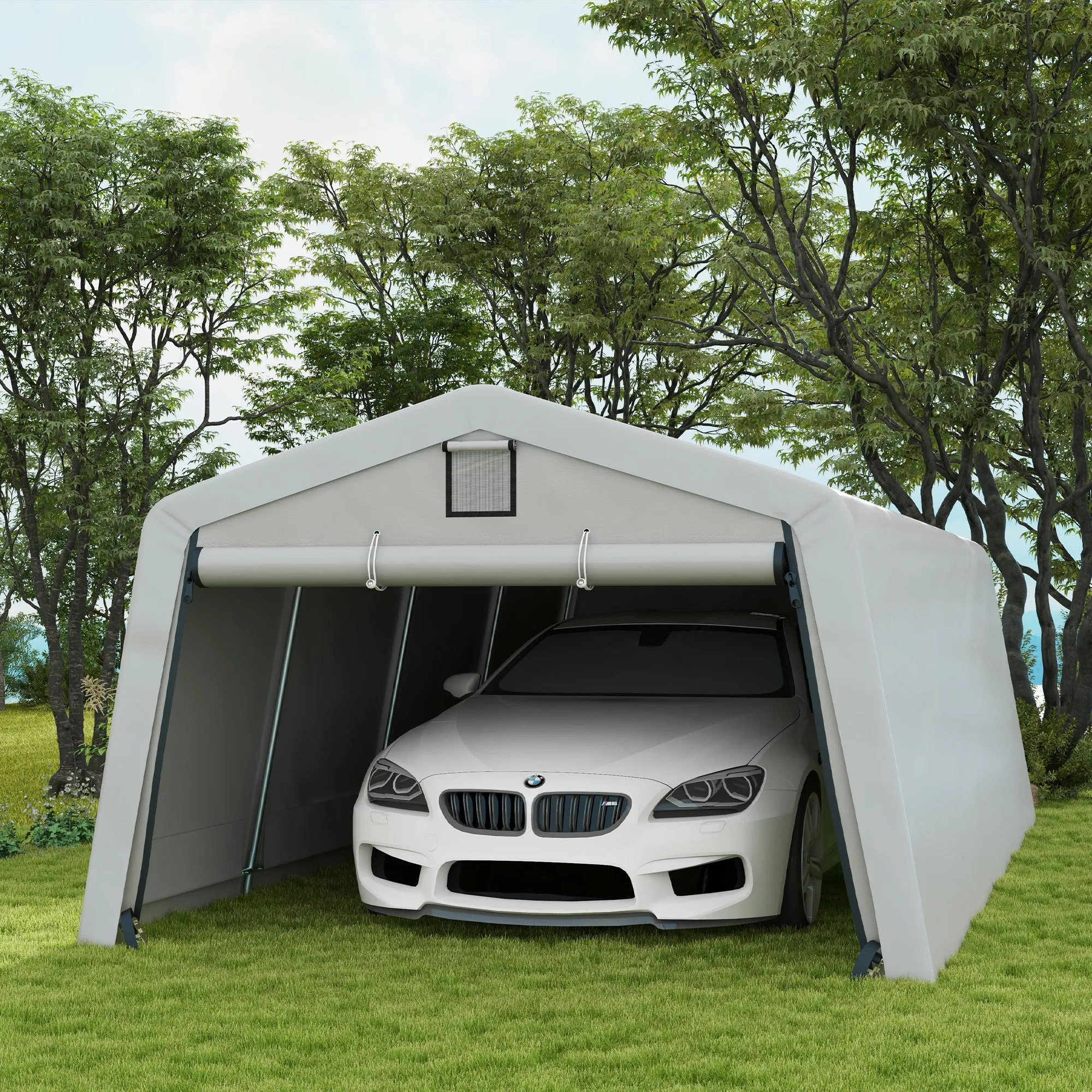 Car and Party Tent with 2 Side Windows, Galvanized Steel and PE, 618x265/330x240 cm, Light Grey - Image 2