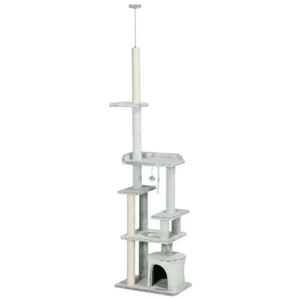 Cat Tree for cats with Scratch Pole for ceiling cats with platforms and house, 60x40x225-255cm, gray