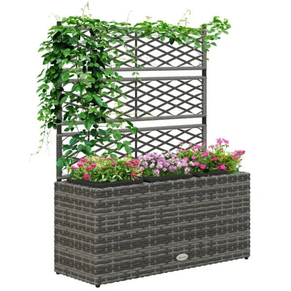 Planter with Trellis for Climbing Plants with 3 Pots in Steel and PE Rattan, 84x30x107cm, Grey