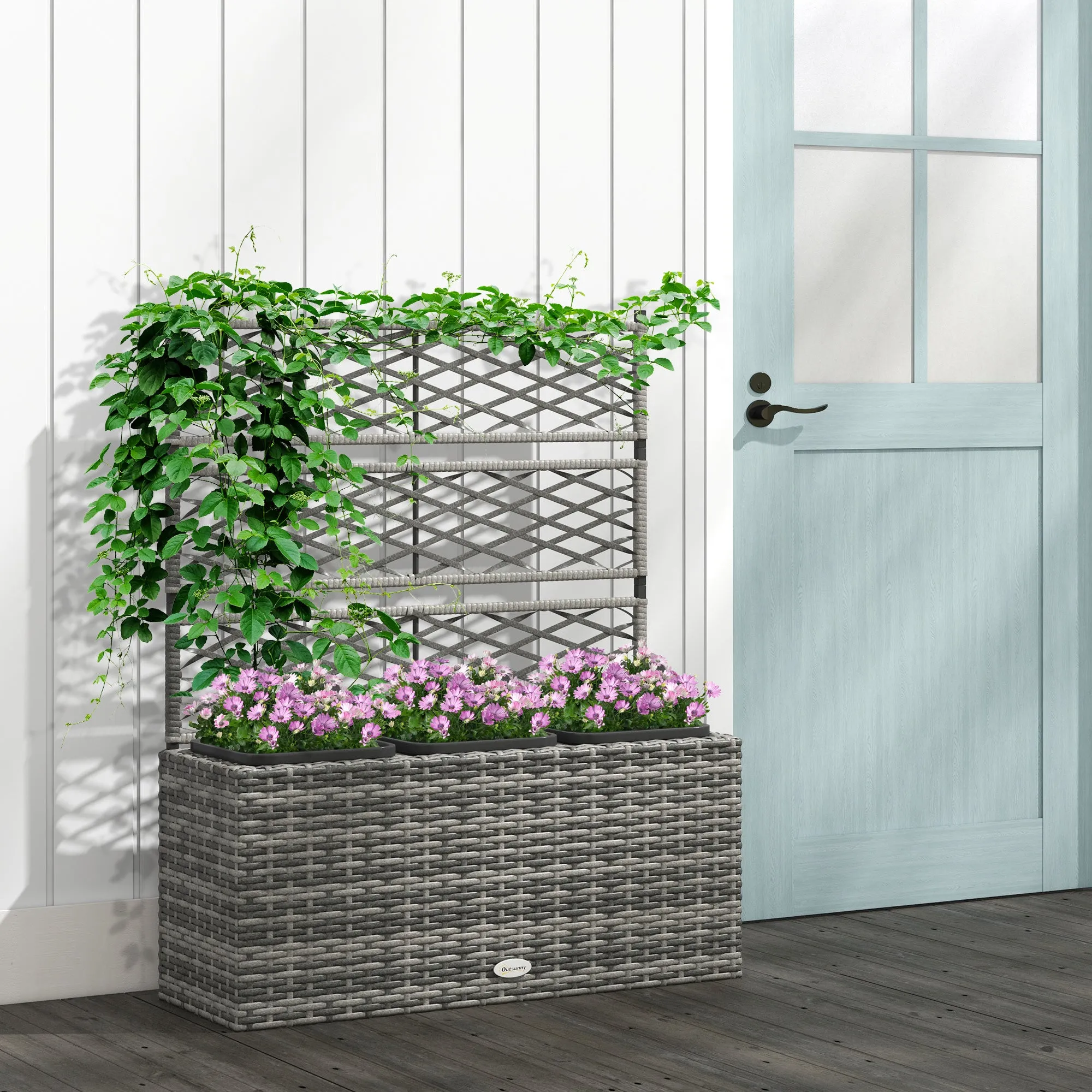 Planter with Trellis for Climbing Plants with 3 Pots in Steel and PE Rattan, 84x30x107cm, Grey - Image 2