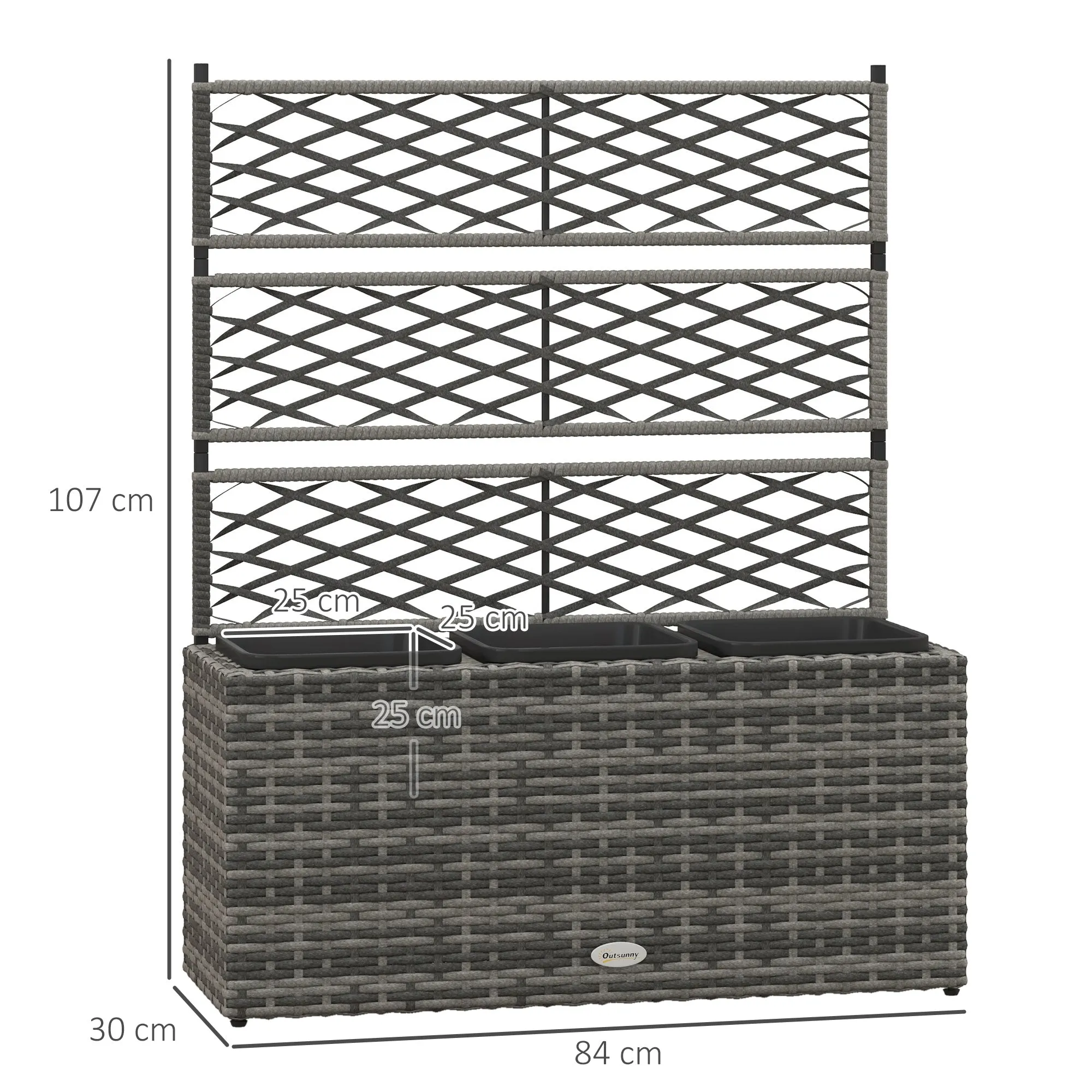 Planter with Trellis for Climbing Plants with 3 Pots in Steel and PE Rattan, 84x30x107cm, Grey - Image 3