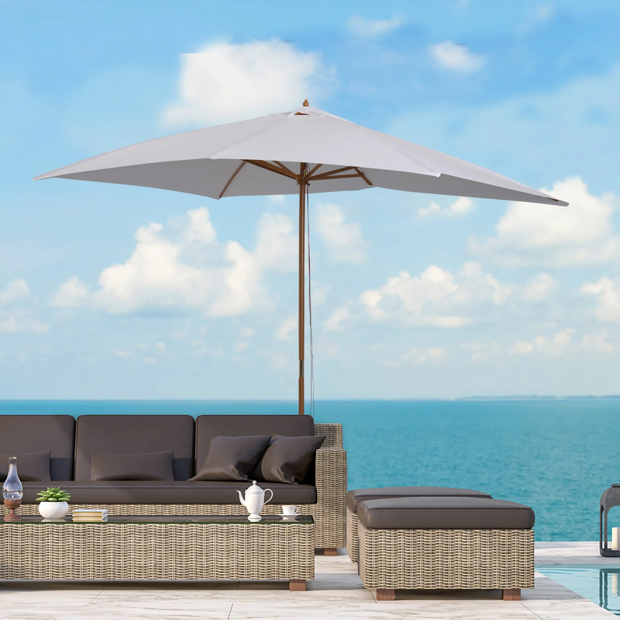 Garden Umbrella 2x3 in Lacquered Wood with Removable Cover, White - Image 2