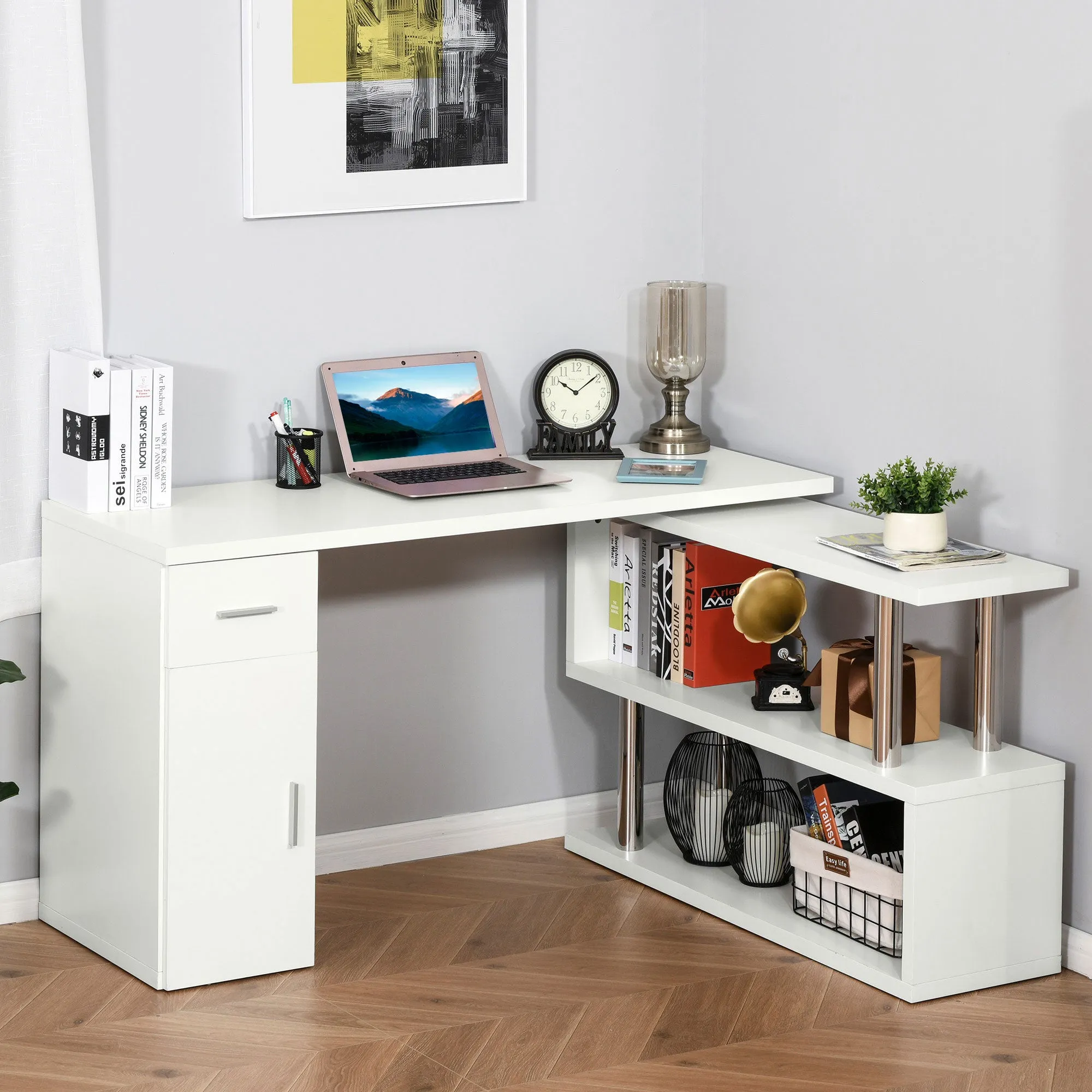 Modern Wooden Corner Desk with Drawer, Cabinet and Shelves, Office and Home Furniture, White - Image 2