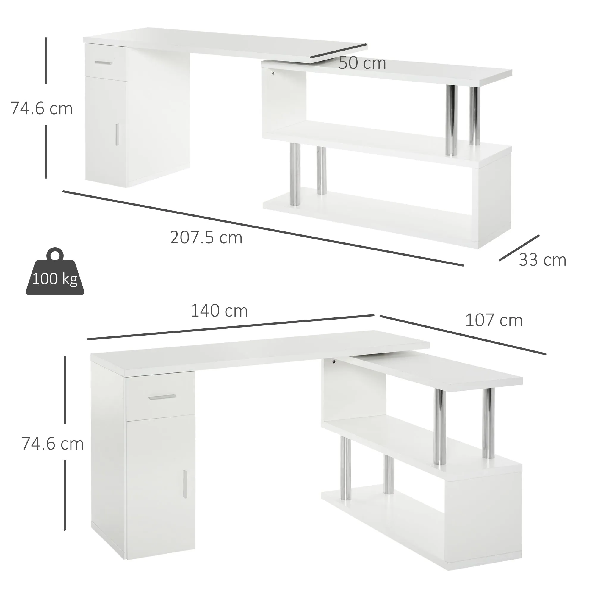 Modern Wooden Corner Desk with Drawer, Cabinet and Shelves, Office and Home Furniture, White - Image 3