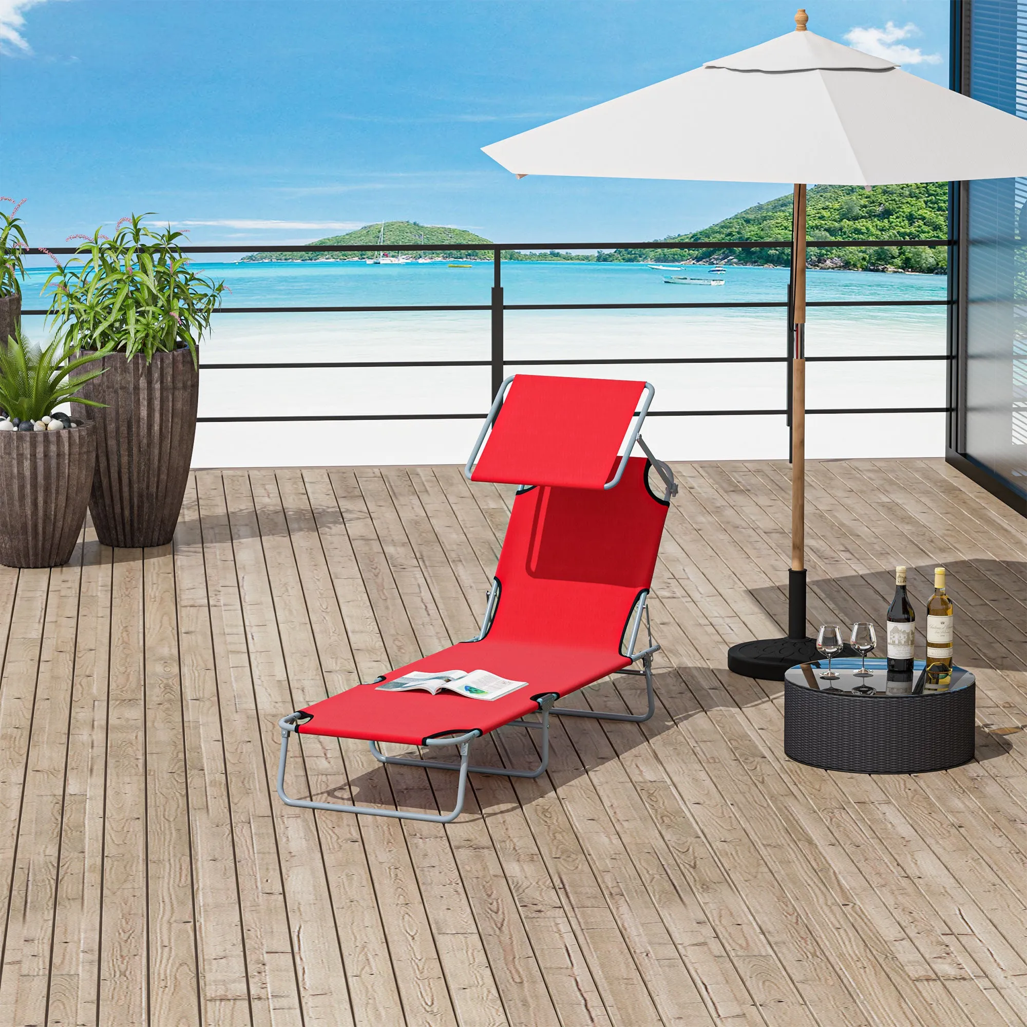 Folding Garden Lounger with Adjustable Canopy and 4-Level Reclining Backrest, Red - Image 2