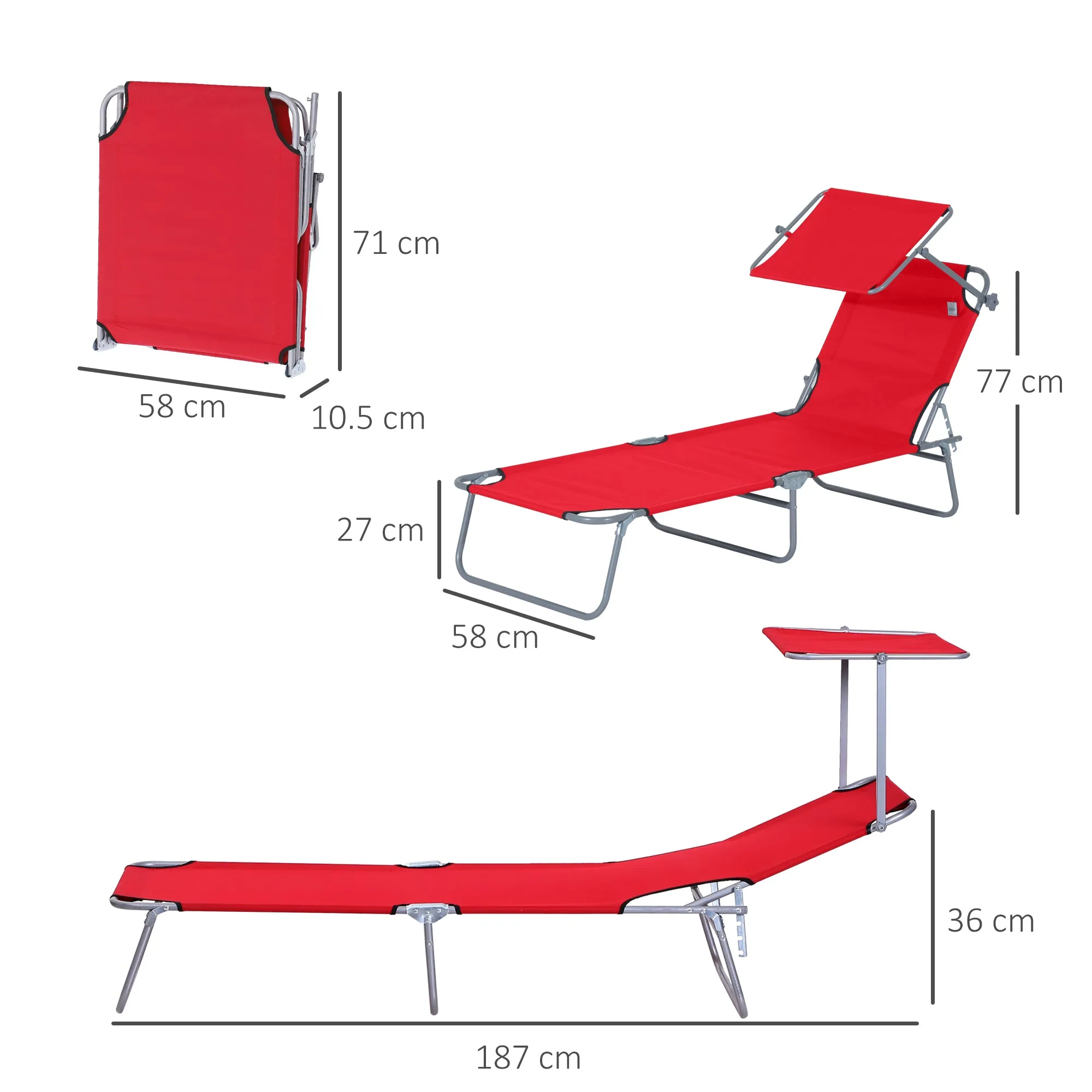 Folding Garden Lounger with Adjustable Canopy and 4-Level Reclining Backrest, Red - Image 3