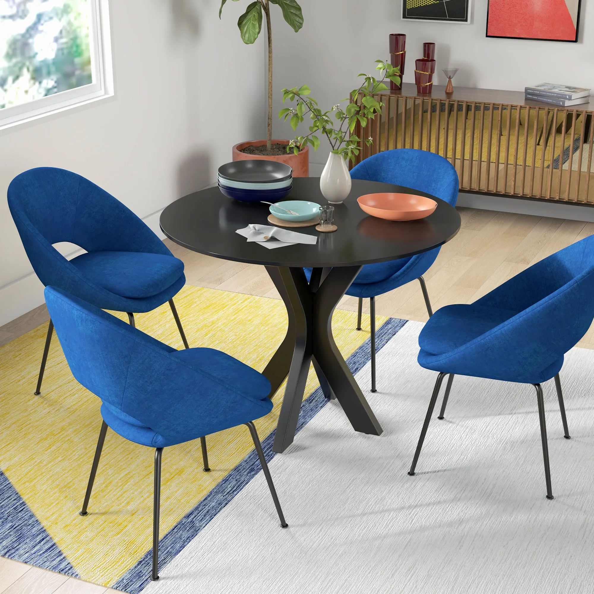 Modern Round Dining Table for 4 People in Steel and MDF, Ø100x75cm, Black - Image 2