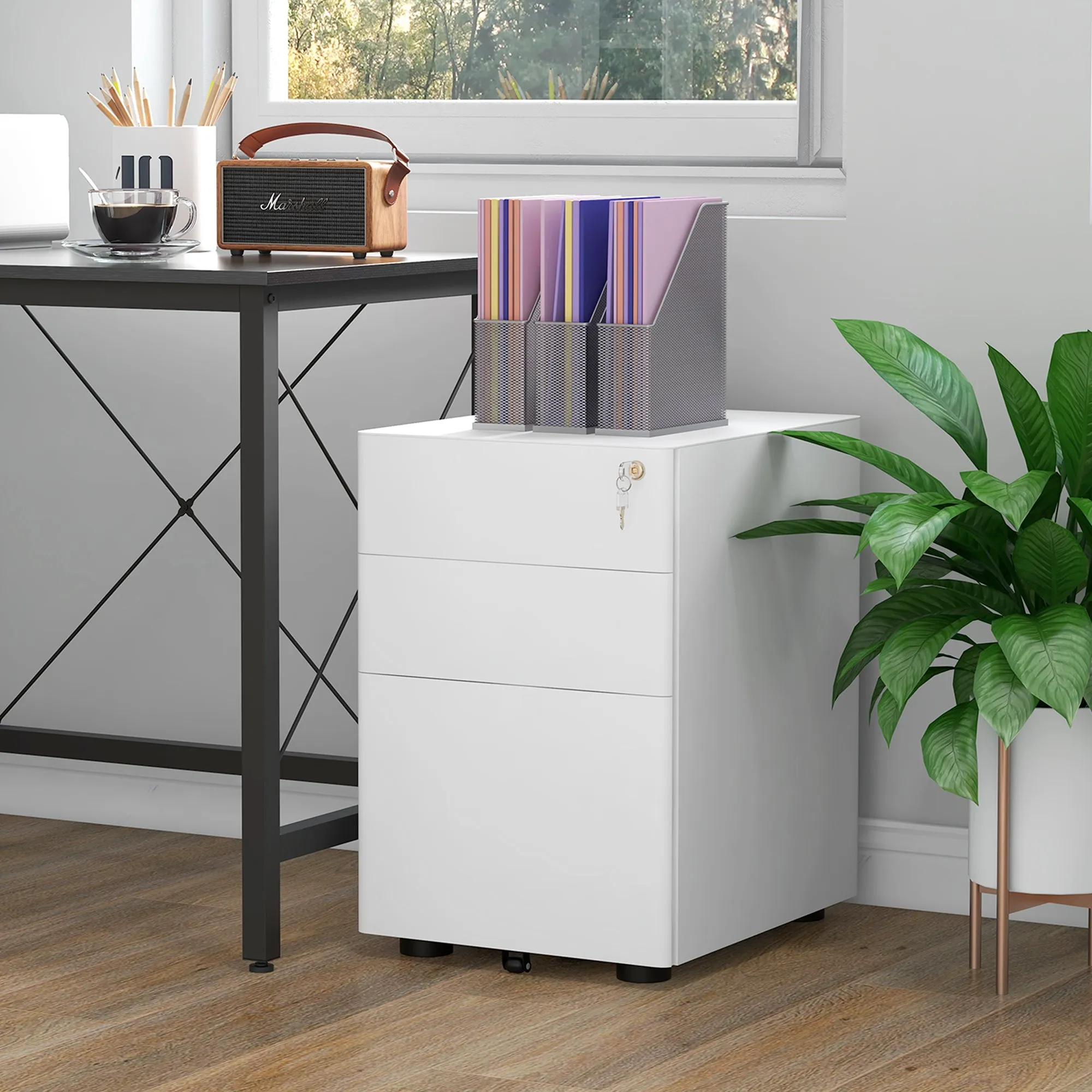 Office Chest 3 Steel Drawers with Lock and Wheels, 39x48x59cm, White - Image 2