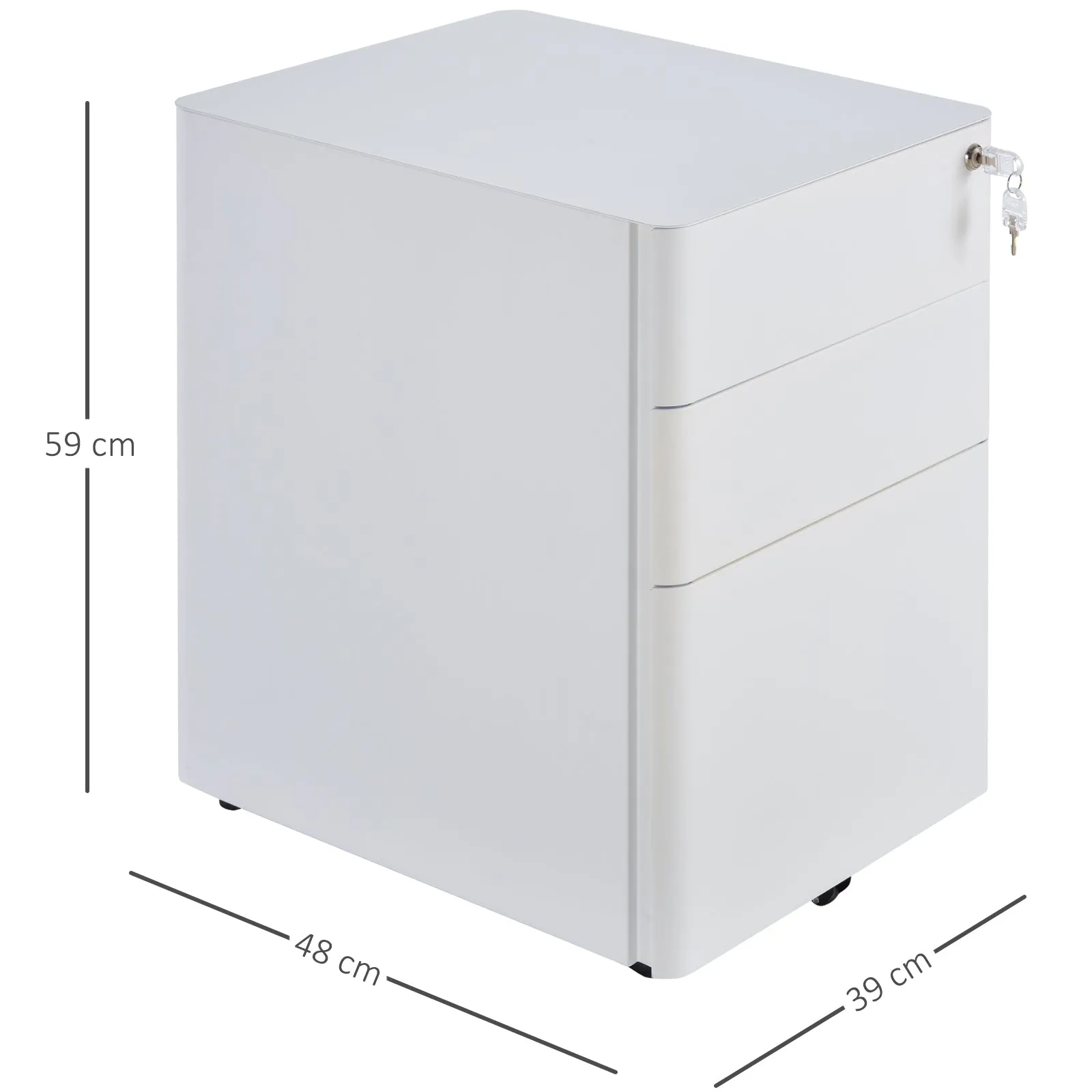 Office Chest 3 Steel Drawers with Lock and Wheels, 39x48x59cm, White - Image 3