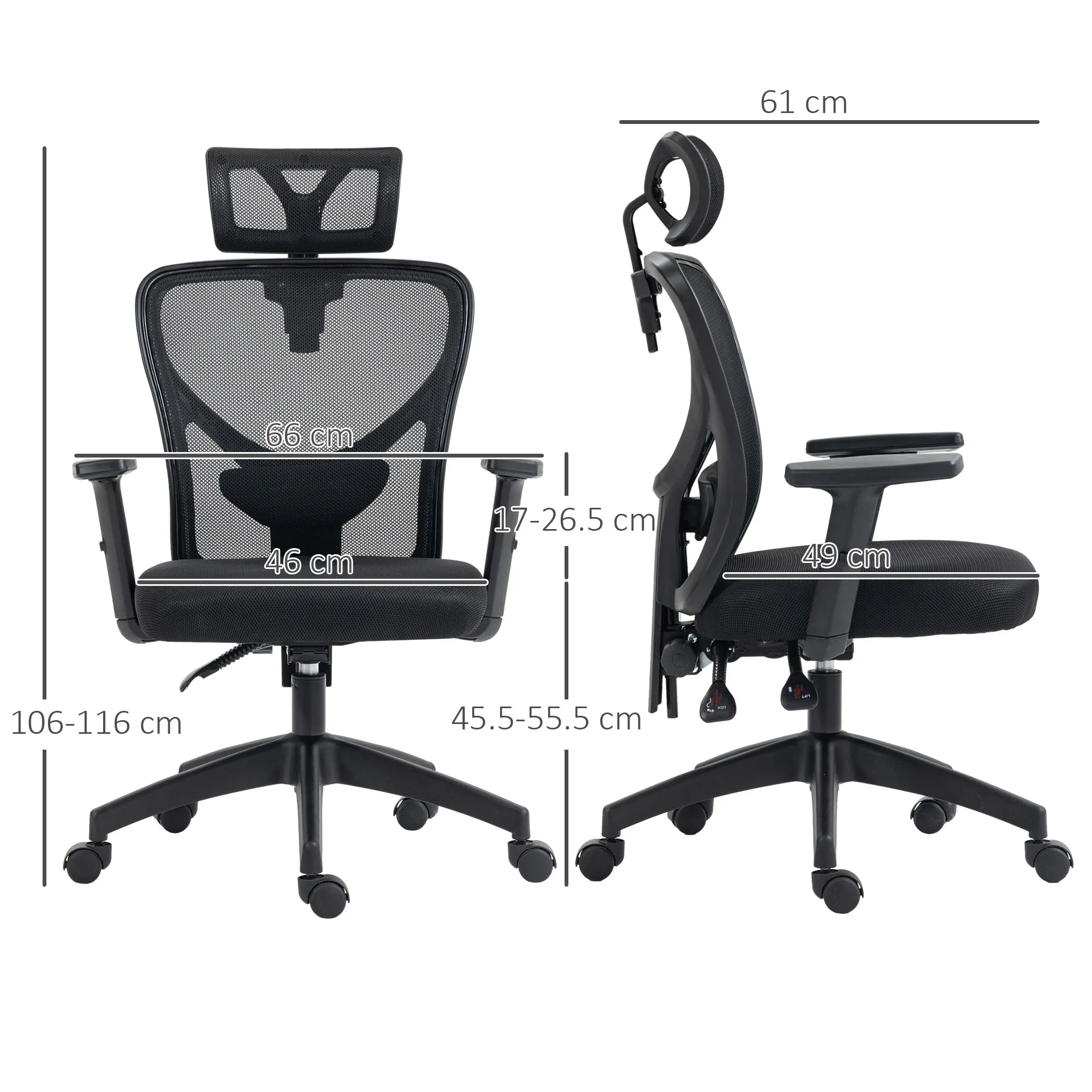 Ergonomic Office Chair with Adjustable Height, Lumbar Support and Headrest, 66x61x106-116cm Black - Image 3