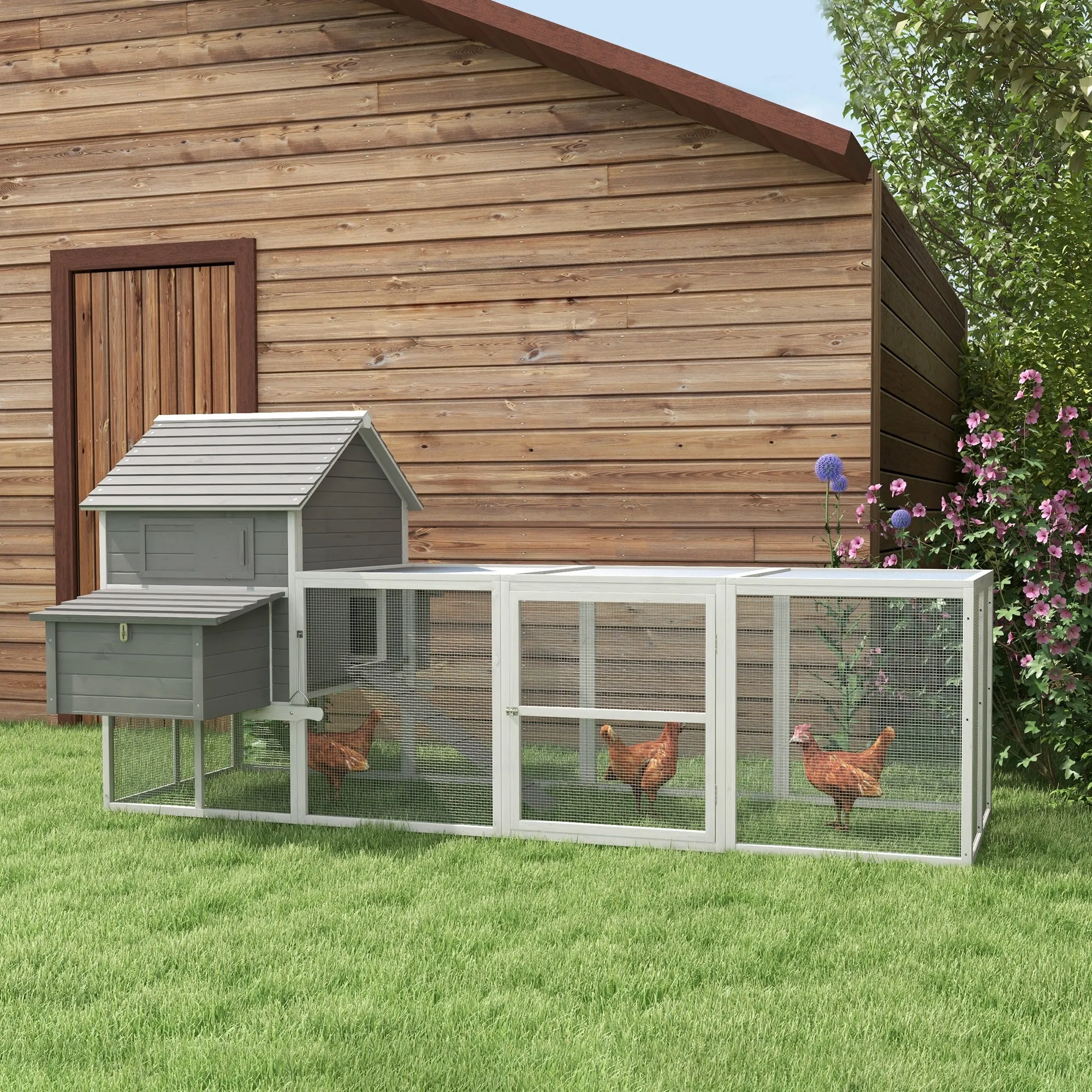 Garden Chicken Coop with Chicken House, Ramp and Open Area, 310.5x149.5x149cm, Grey - Image 2