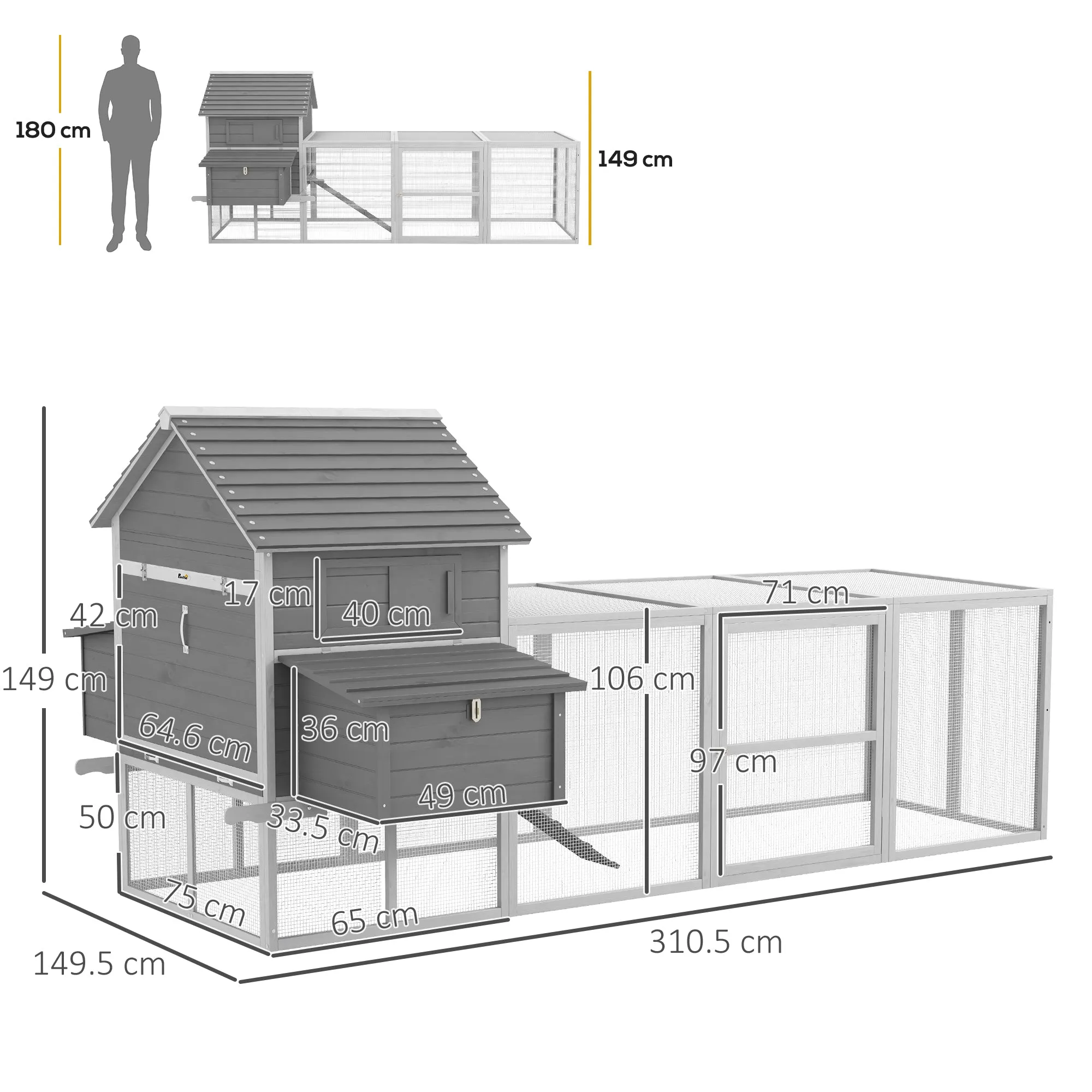 Garden Chicken Coop with Chicken House, Ramp and Open Area, 310.5x149.5x149cm, Grey - Image 3