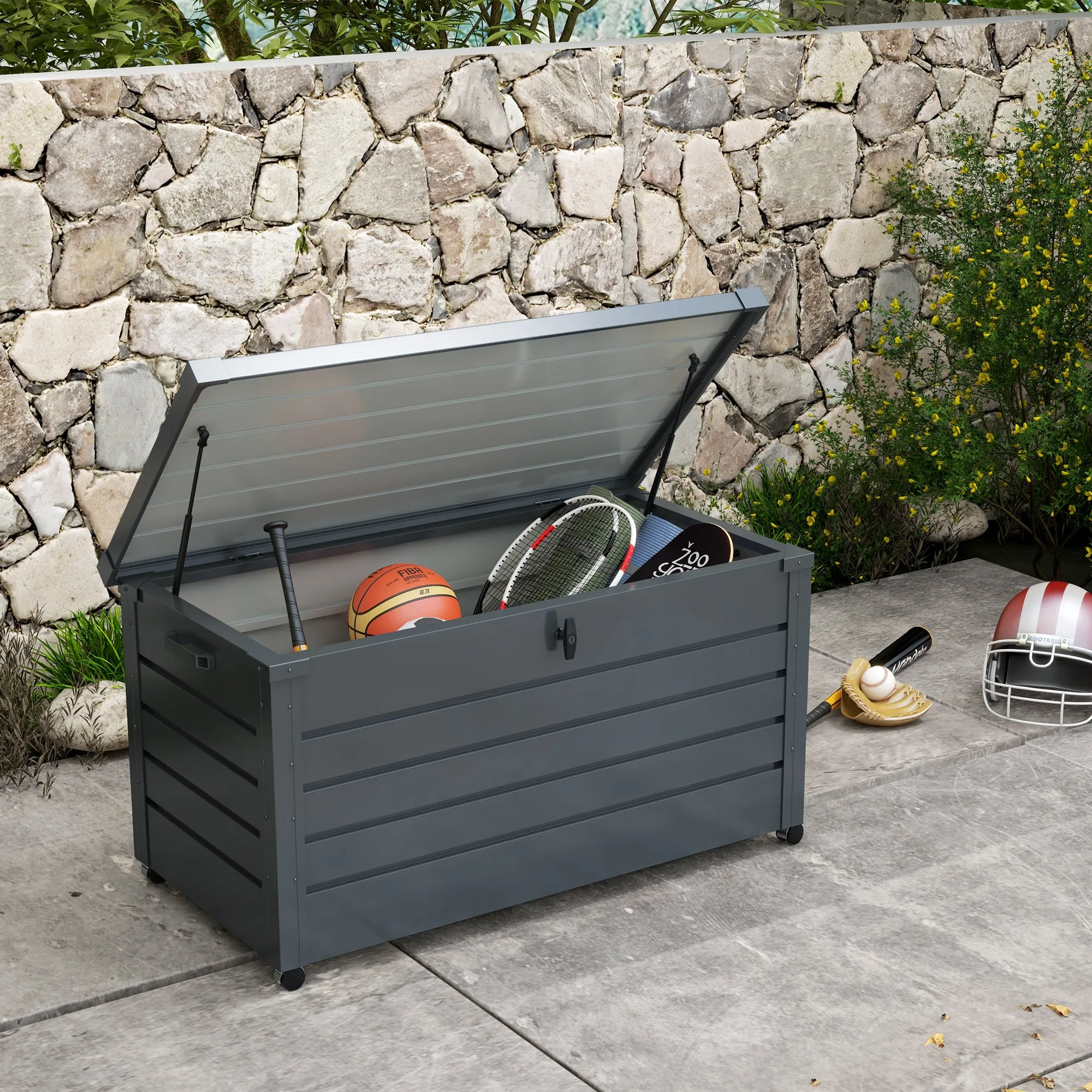 Outdoor Storage Chest 311L with Lock and 2 Handles, Galvanized Steel, 120x62x66 cm, Dark Grey - Image 2