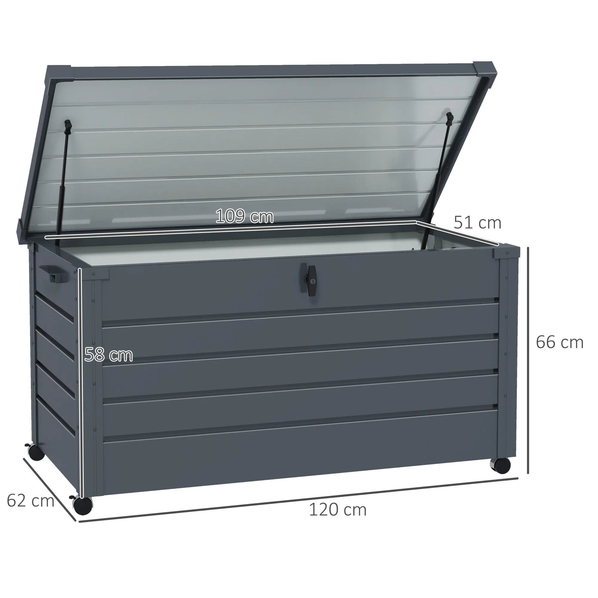 Outdoor Storage Chest 311L with Lock and 2 Handles, Galvanized Steel, 120x62x66 cm, Dark Grey - Image 3