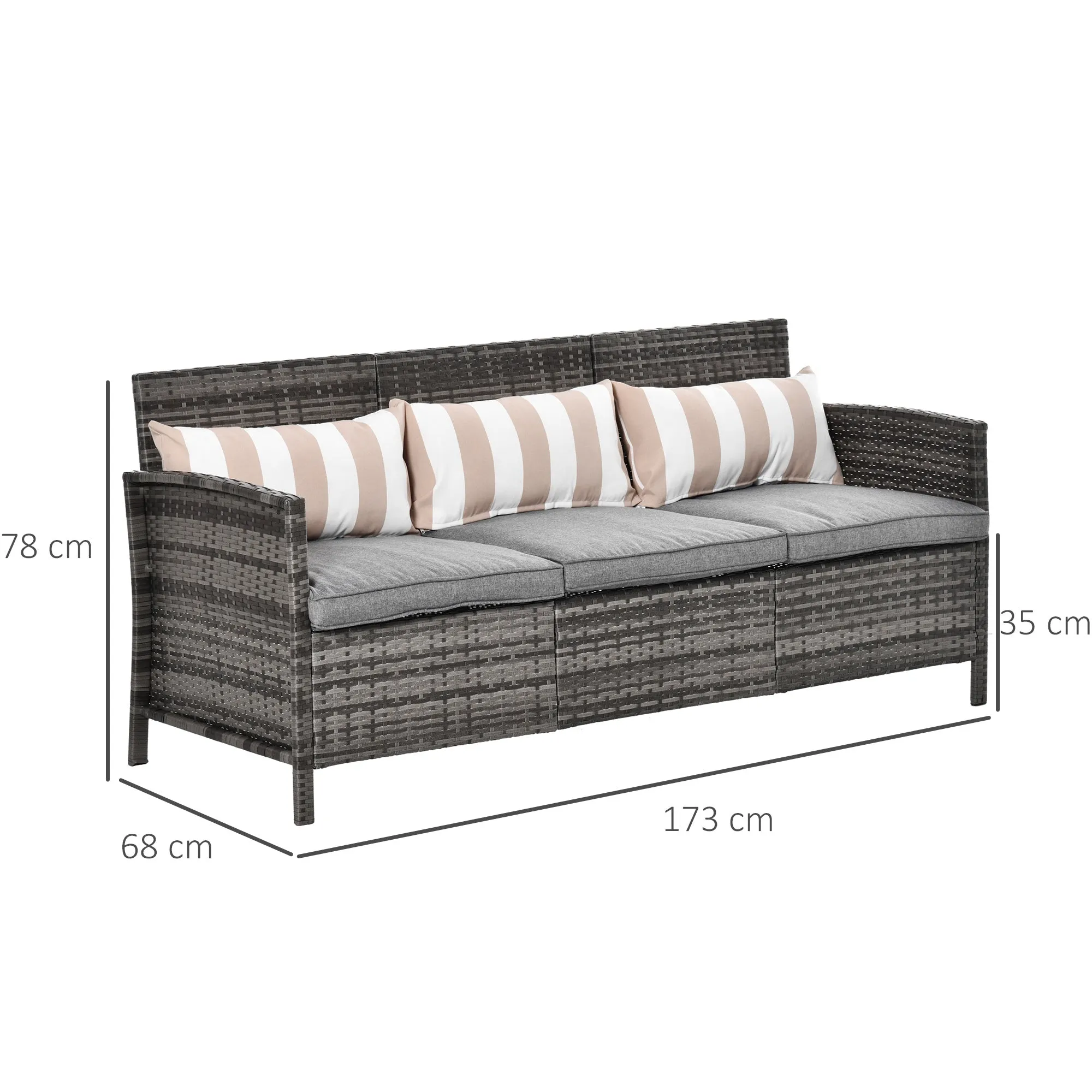3 Seater Outdoor Sofa in Rattan (PE) with Padded and Removable Cushions, Garden/Terrace, 173x68x78cm - Image 3