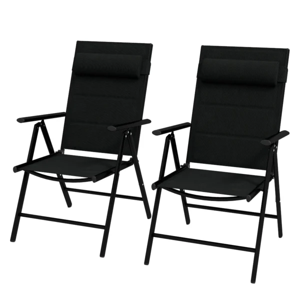 Set of 2 Folding Chairs with Reclining Backrest and Headrest, Made of Aluminum and Polyester, 54x67x108 cm, Black